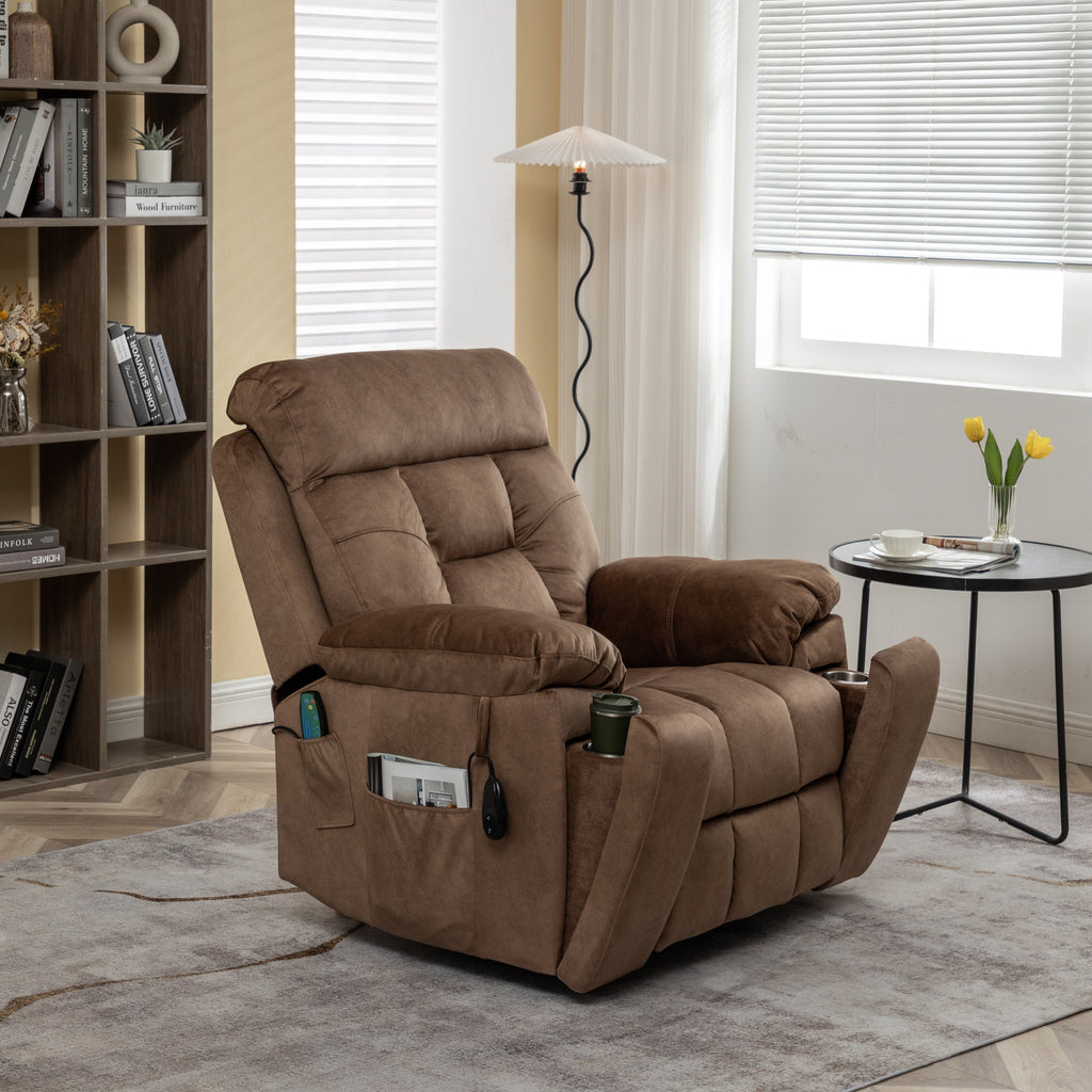 Fauteuil inclinable releveur en velours marron, massage, porte-gobelet dissimulé, poches
