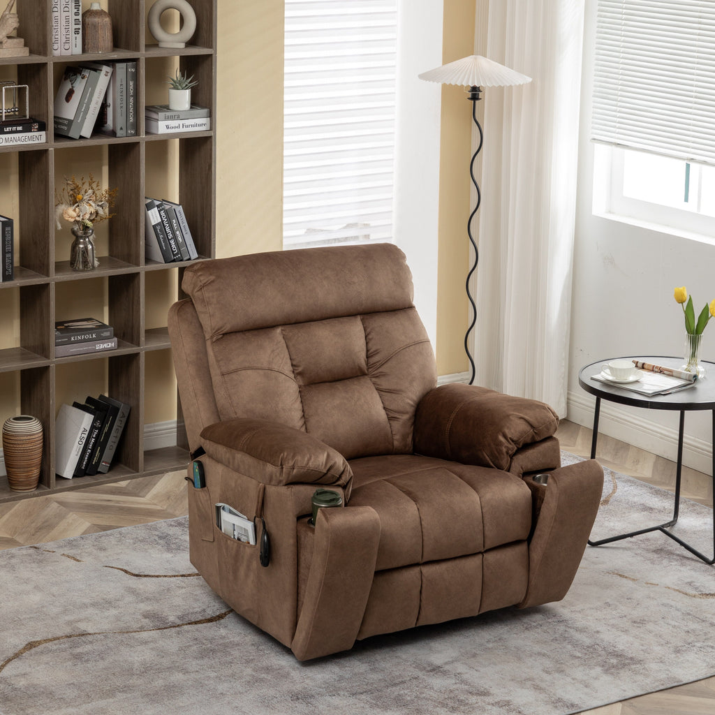 Fauteuil inclinable releveur en velours marron, massage, porte-gobelet dissimulé, poches