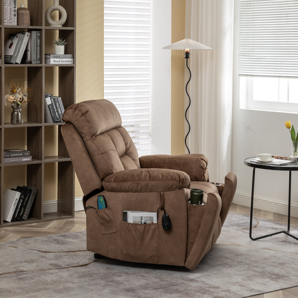 Fauteuil inclinable releveur en velours marron, massage, porte-gobelet dissimulé, poches