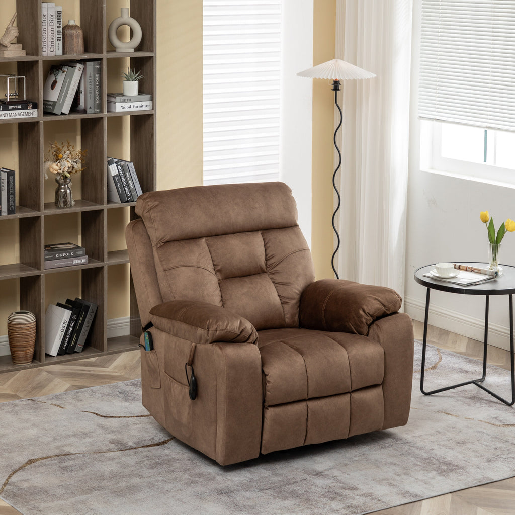 Fauteuil inclinable releveur en velours marron, massage, porte-gobelet dissimulé, poches