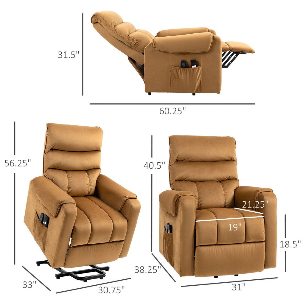 Fauteuil inclinable électrique rembourré en velours marron avec massage par vibration, télécommande, poches latérales et inclinaison réglable