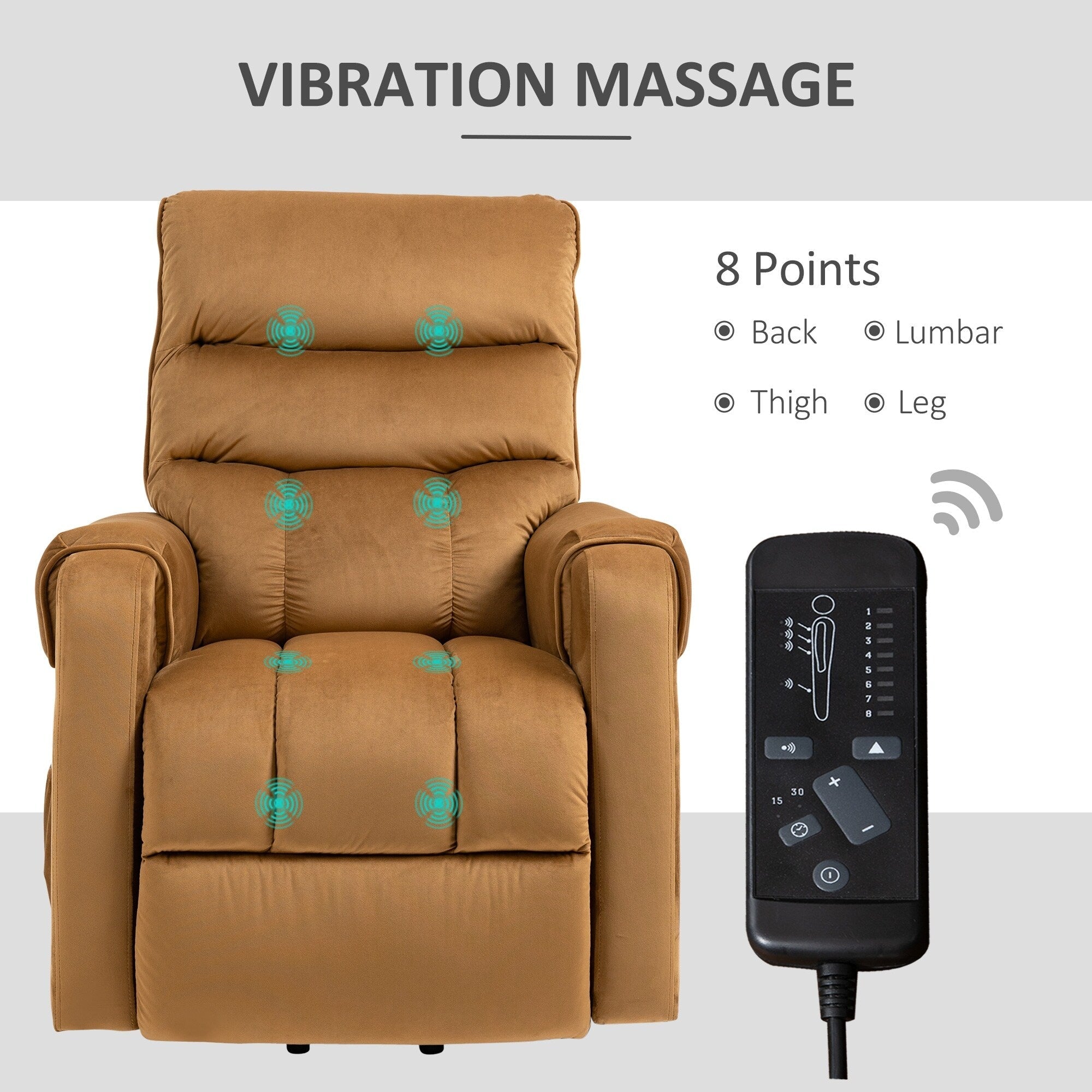Fauteuil inclinable électrique rembourré en velours marron avec massage par vibration, télécommande, rangement latéral et position d'inclinaison réglable