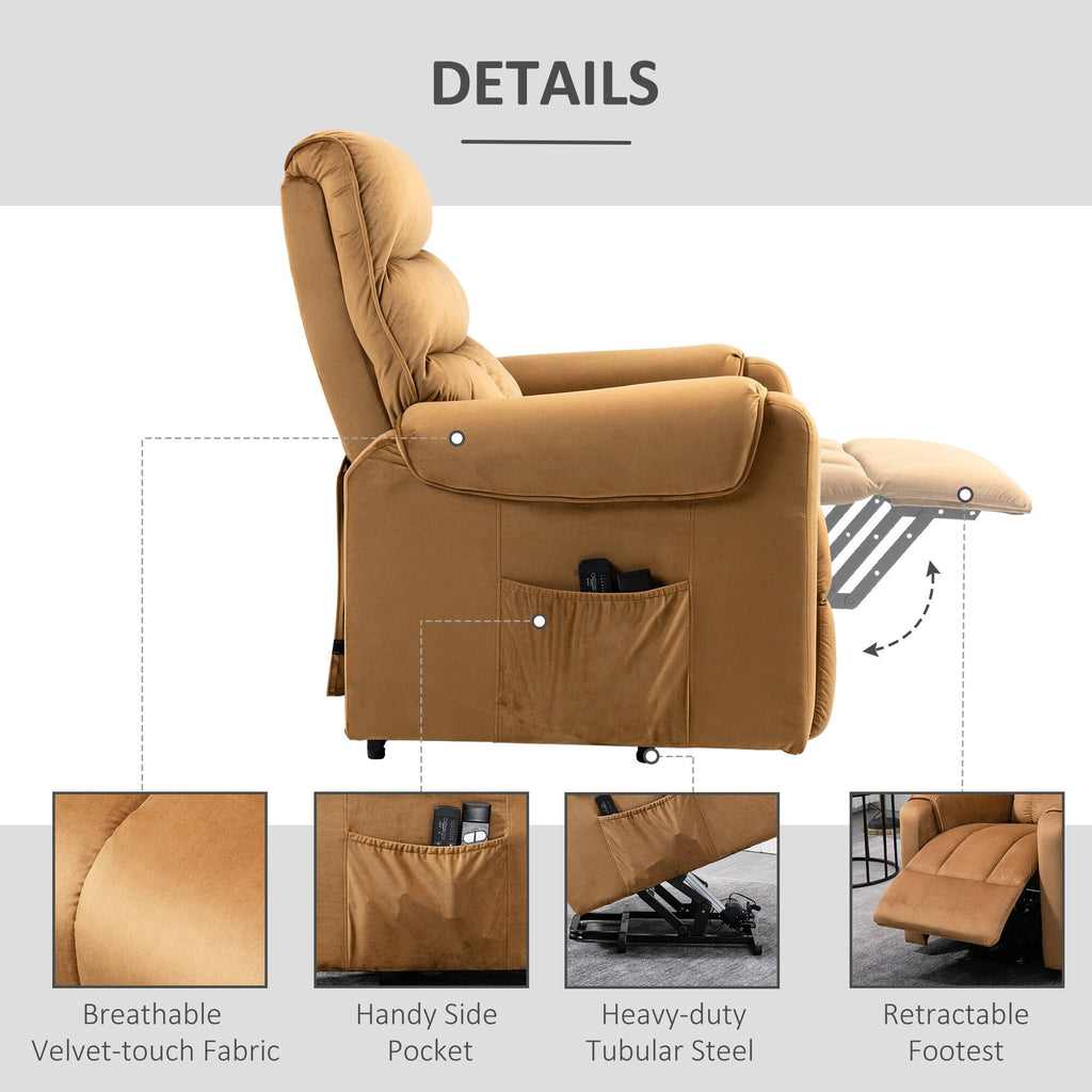 Fauteuil inclinable électrique rembourré en velours marron avec massage par vibration, télécommande, poches de rangement et inclinaison réglable