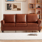 Canapé 3 places en similicuir marron et beige 79 avec accoudoirs roulés, clous et pieds en bois pour le salon