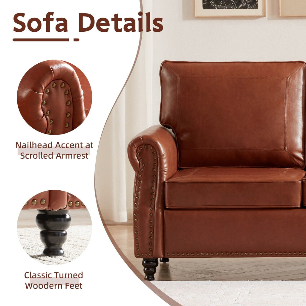 Canapé 3 places en similicuir marron et beige 79 avec accoudoirs roulés, clous et pieds en bois pour le salon