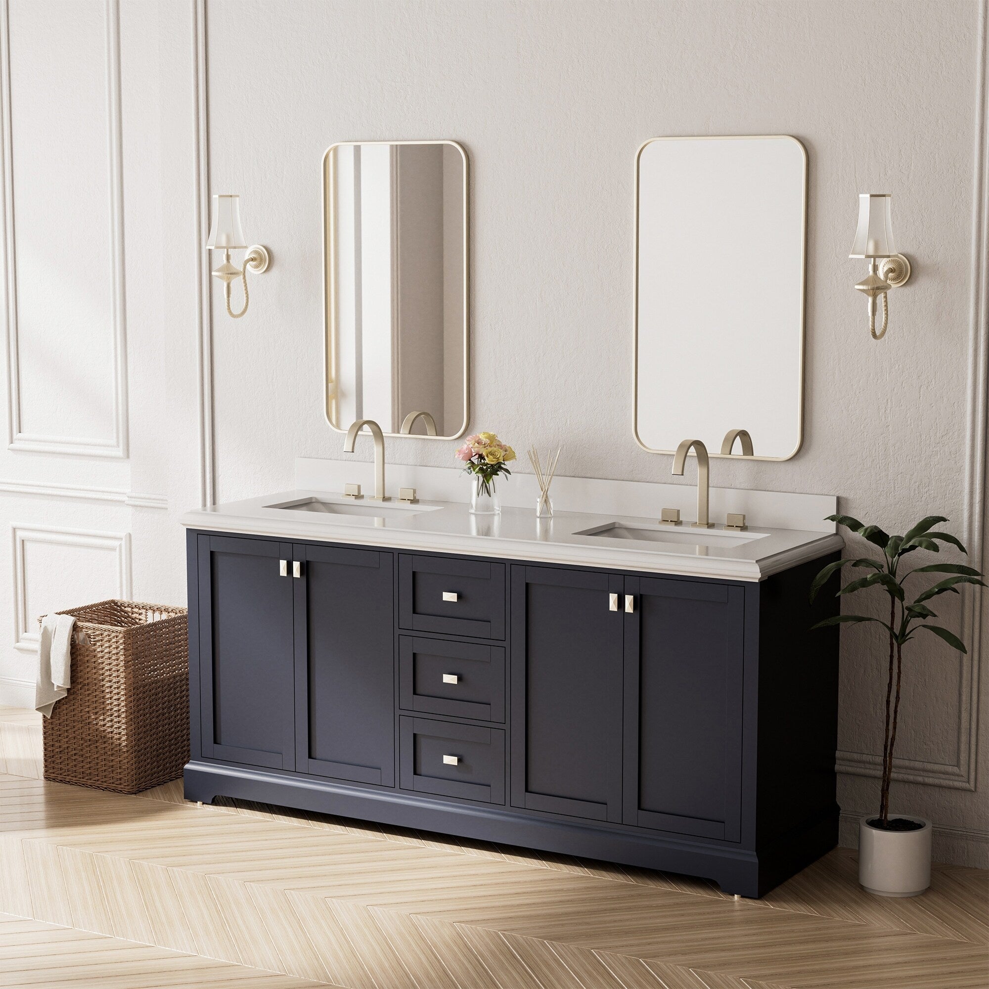 Robinet de lavabo de salle de bain à 3 trous et double poignée, finition or brossé