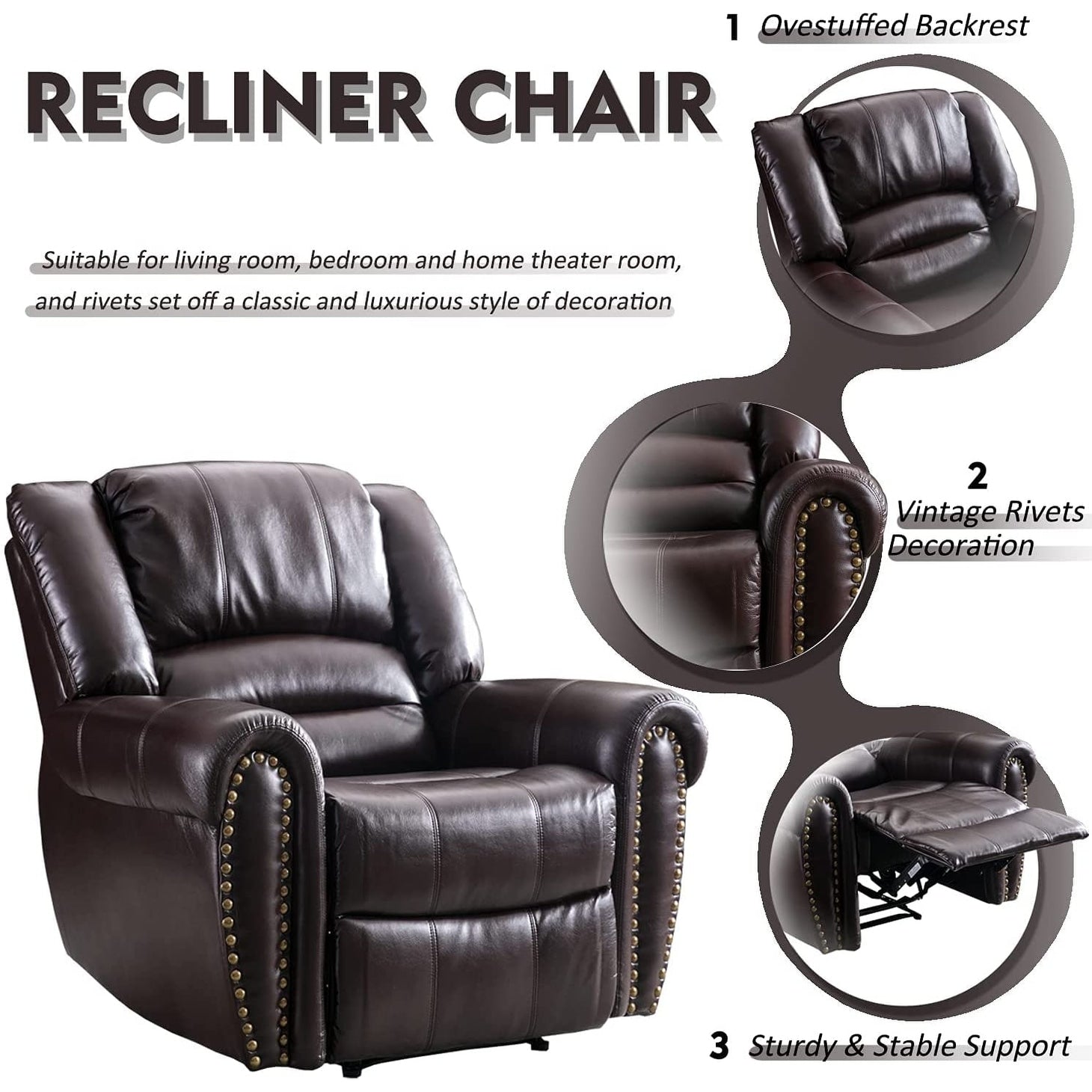 Fauteuil inclinable manuel classique et traditionnel avec accoudoirs et dossier confortables