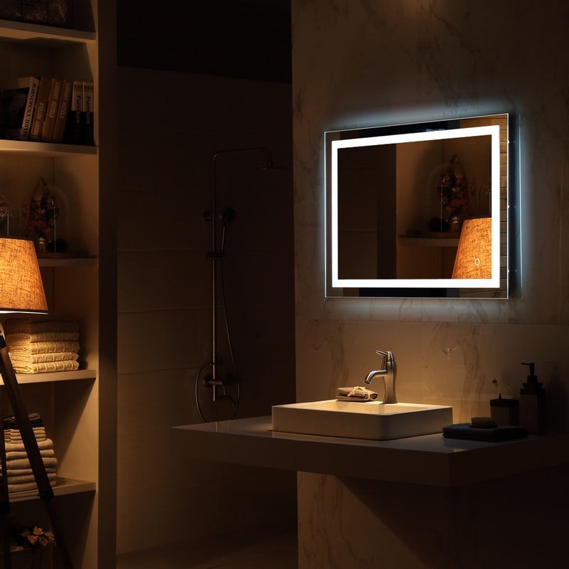 Miroir de salle de bain tactile à LED avec bande lumineuse intégrée Argent