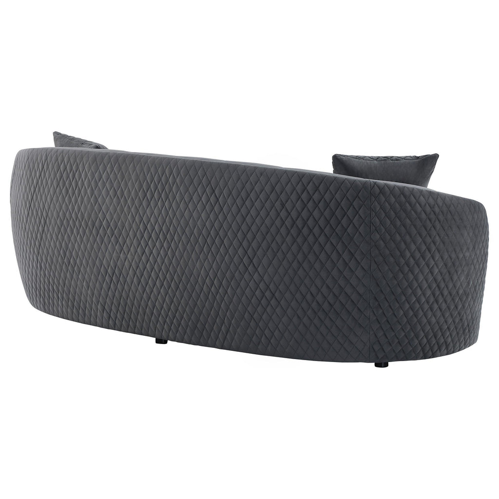 Canapé incurvé Buo, 92 pouces, polyester gris foncé, bordure dorée, 3 coussins