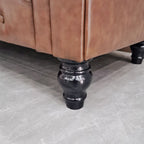 Canapé 3 places capitonné Chesterfield en cuir pour salon, avec accoudoirs roulés et 4 pieds en forme de gourde, marron