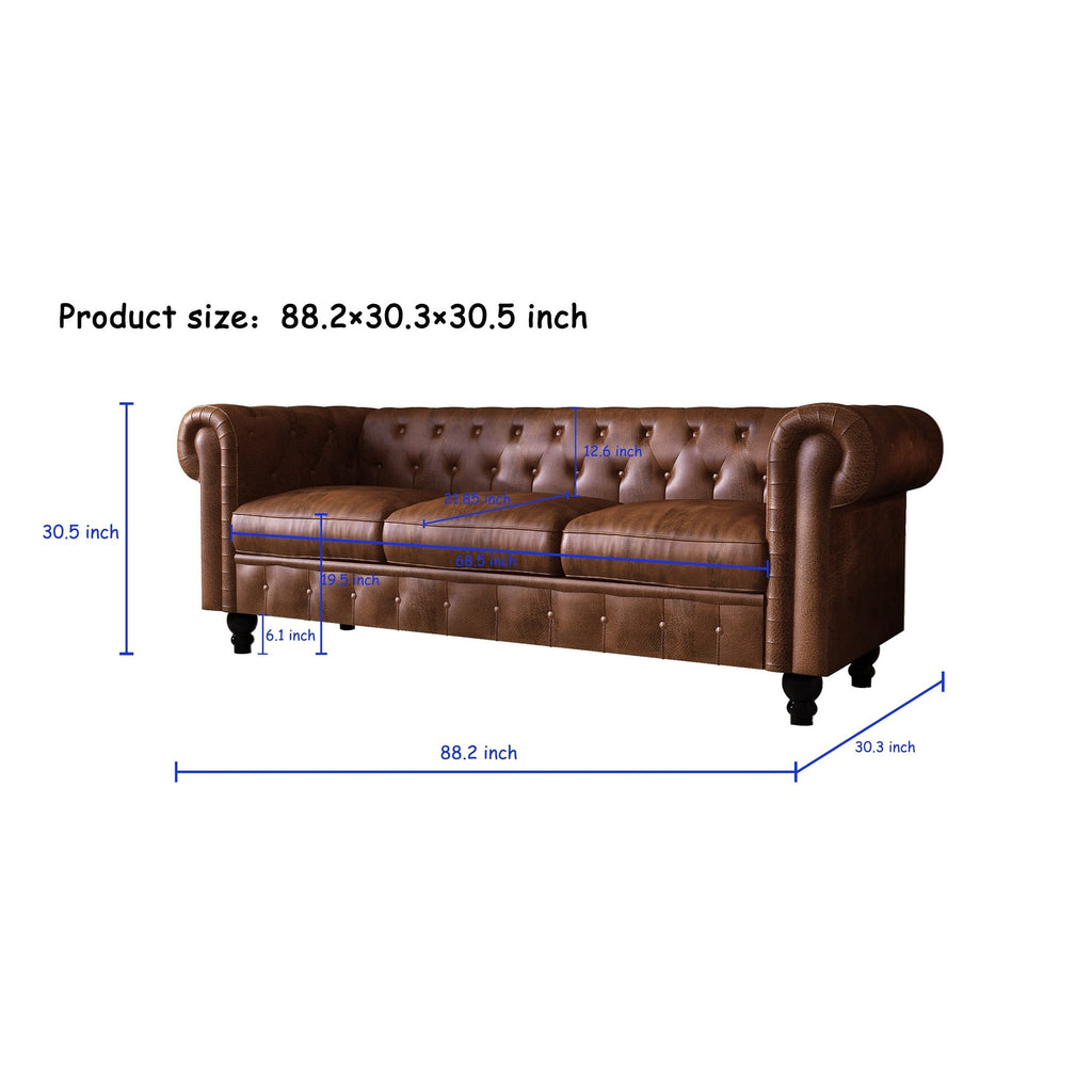 Canapé 3 places capitonné Chesterfield en cuir pour salon, avec accoudoirs roulés et 4 pieds en forme de gourde, marron