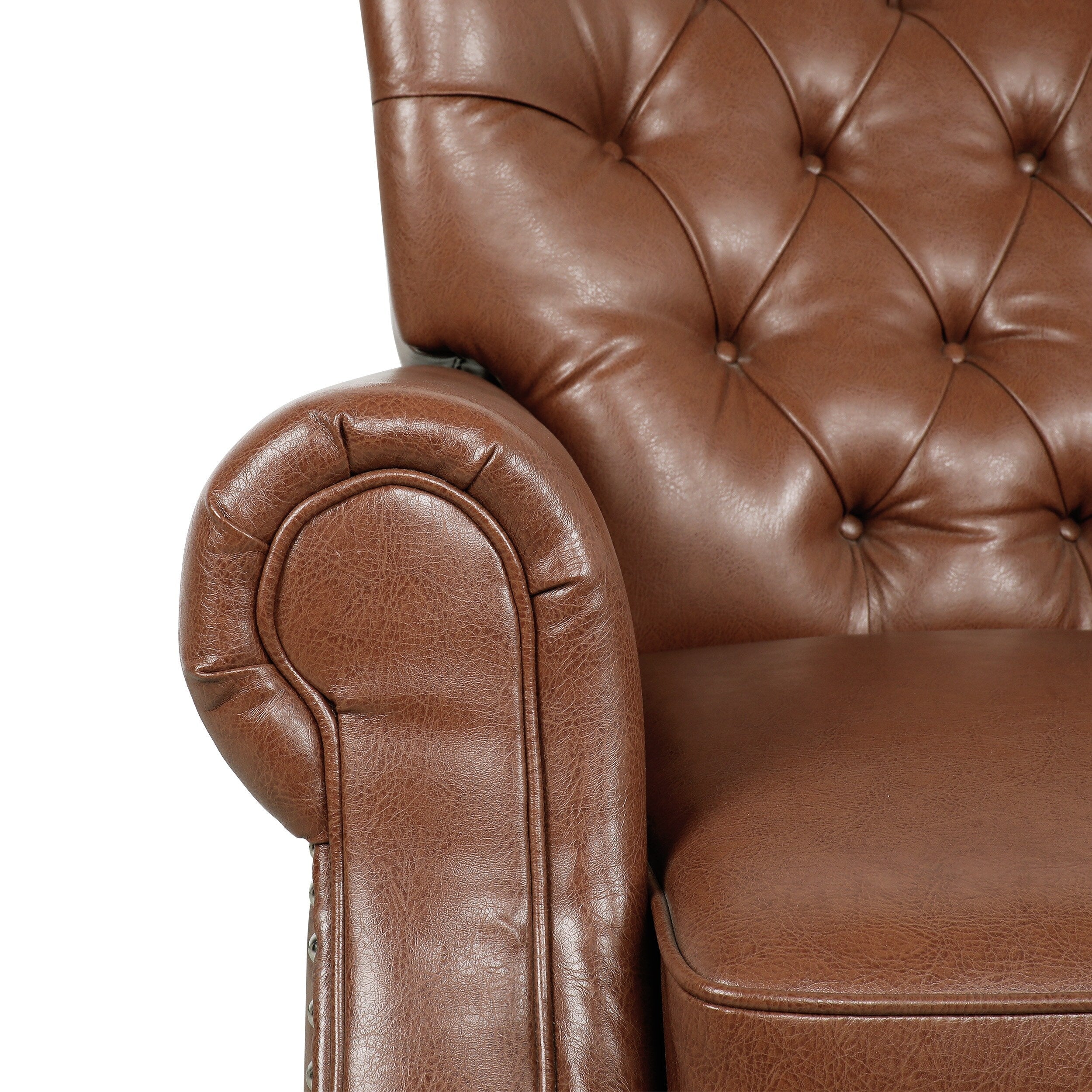 Fauteuil inclinable capitonné à boutons avec garniture cloutée et accoudoirs roulés