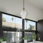 Suspension C Cattleya en laiton antique à 1 ampoule avec abat-jour en verre rayé - Laiton antique