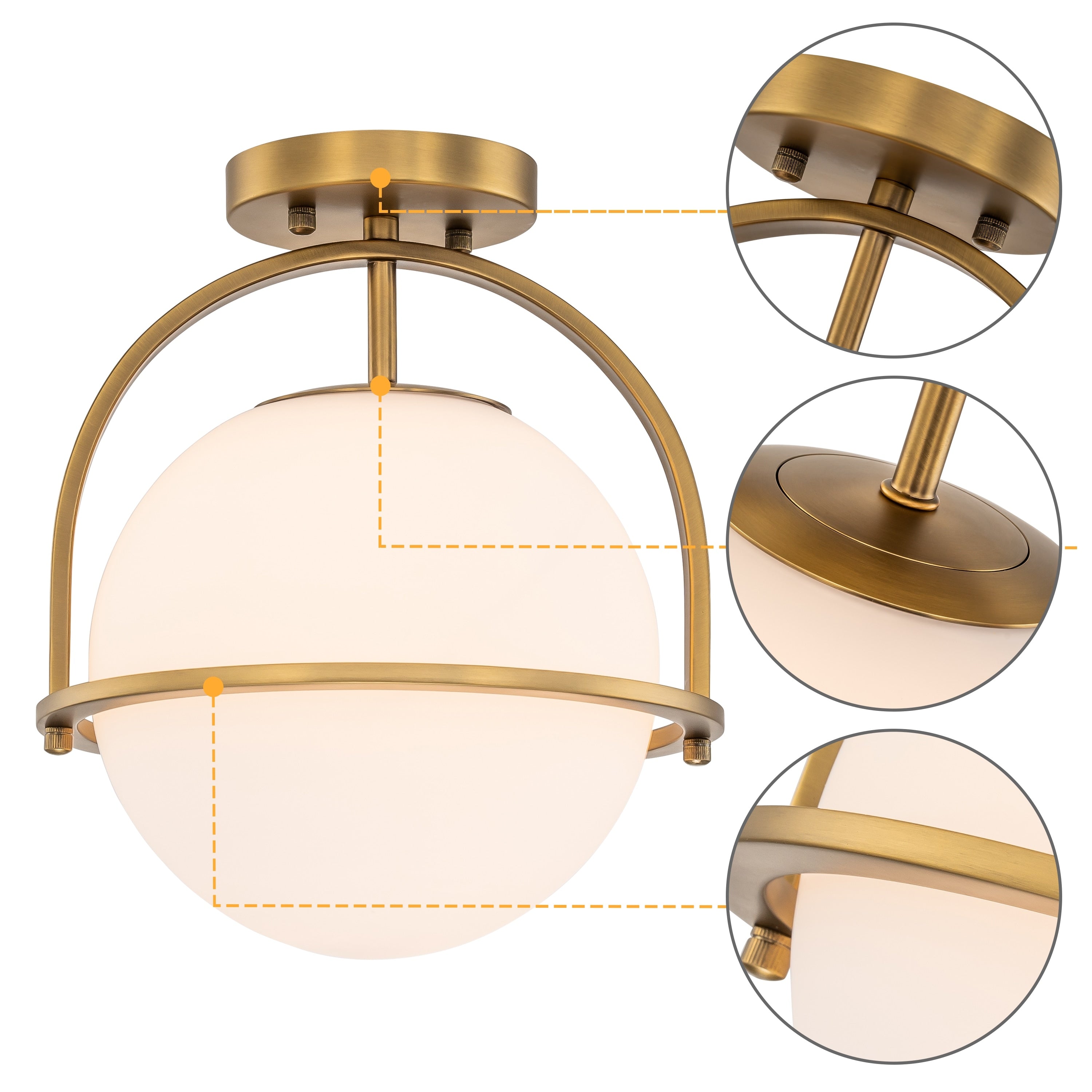 Plafonnier semi-encastré C Cattleya à 1 ampoule, en laiton antique, avec abat-jour en verre opale - Laiton antique