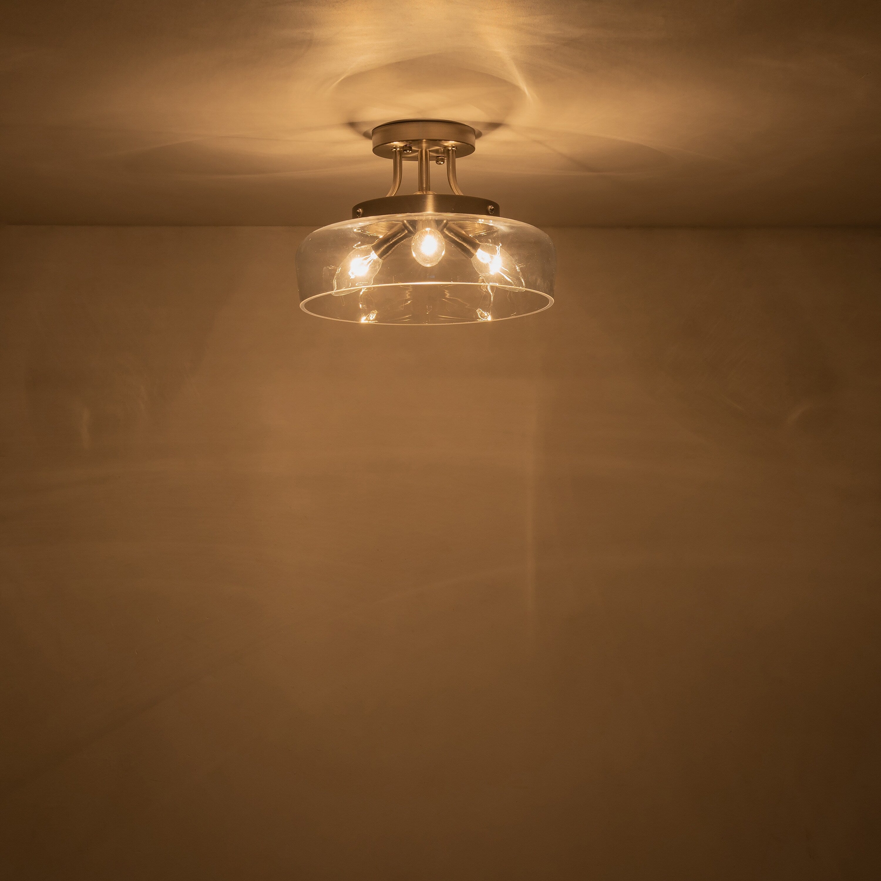 Plafonnier semi-encastré C Cattleya à 3 lumières en nickel satiné avec abat-jour en verre