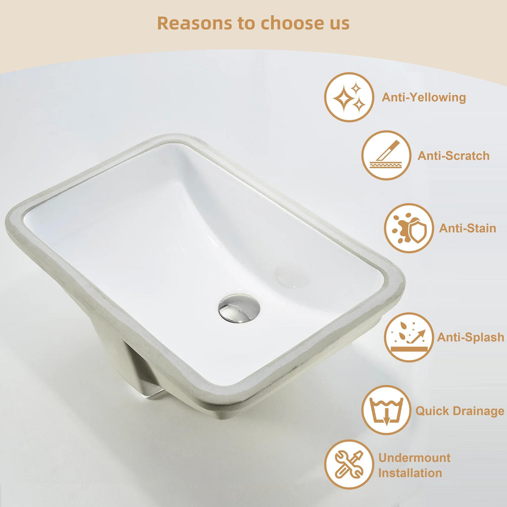 Lavabo de salle de bain sous plan CB HOME 20'' x 14'', lavabo de salle de bain rectangulaire en céramique blanche (20-5/8'' x 14-1/2'' x 8-1/4'')