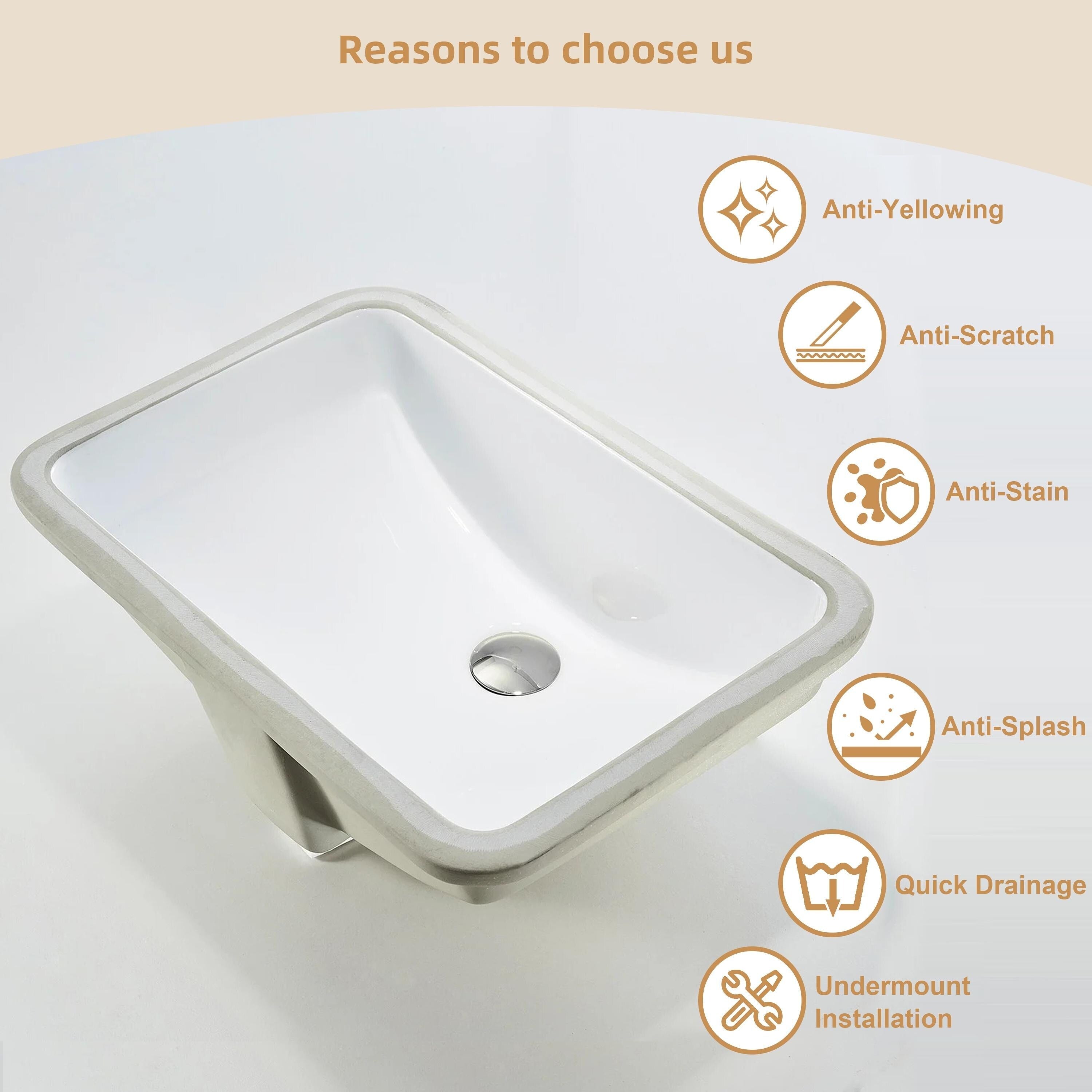 Lavabo de salle de bain sous plan CB HOME 20'' x 14'', lavabo de salle de bain rectangulaire en céramique blanche (20-5/8'' x 14-1/2'' x 8-1/4'')