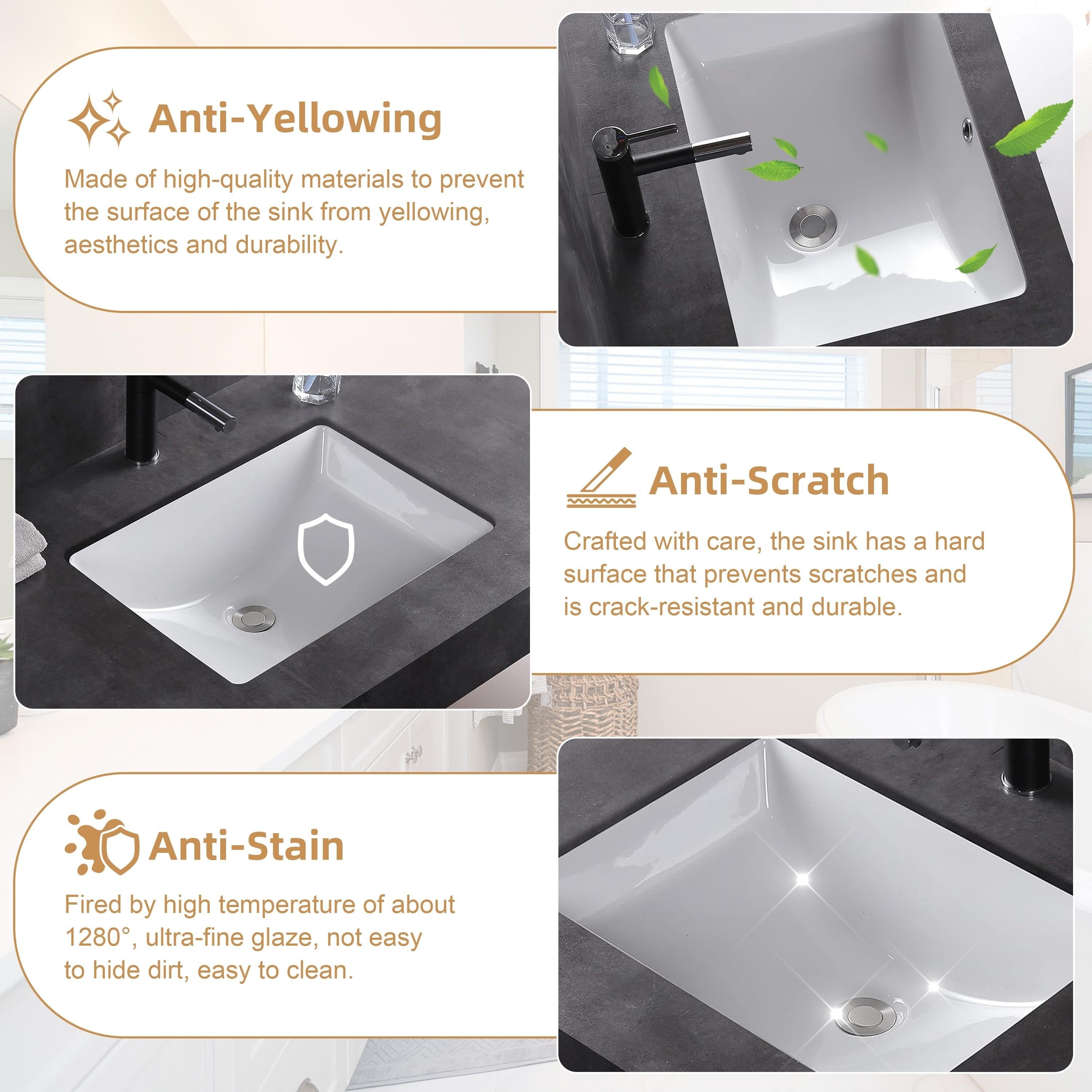 Lavabo de salle de bain sous plan CB HOME 20'' x 14'', lavabo de salle de bain rectangulaire en céramique blanche (20-5/8'' x 14-1/2'' x 8-1/4'')