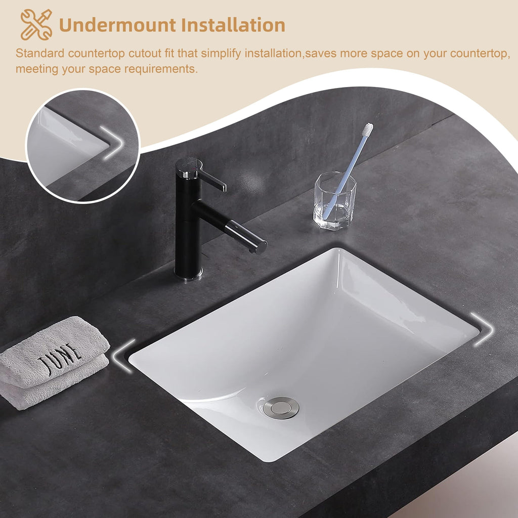 Lavabo de salle de bain sous plan CB HOME 20'' x 14'', lavabo de salle de bain rectangulaire en céramique blanche (20-5/8'' x 14-1/2'' x 8-1/4'')
