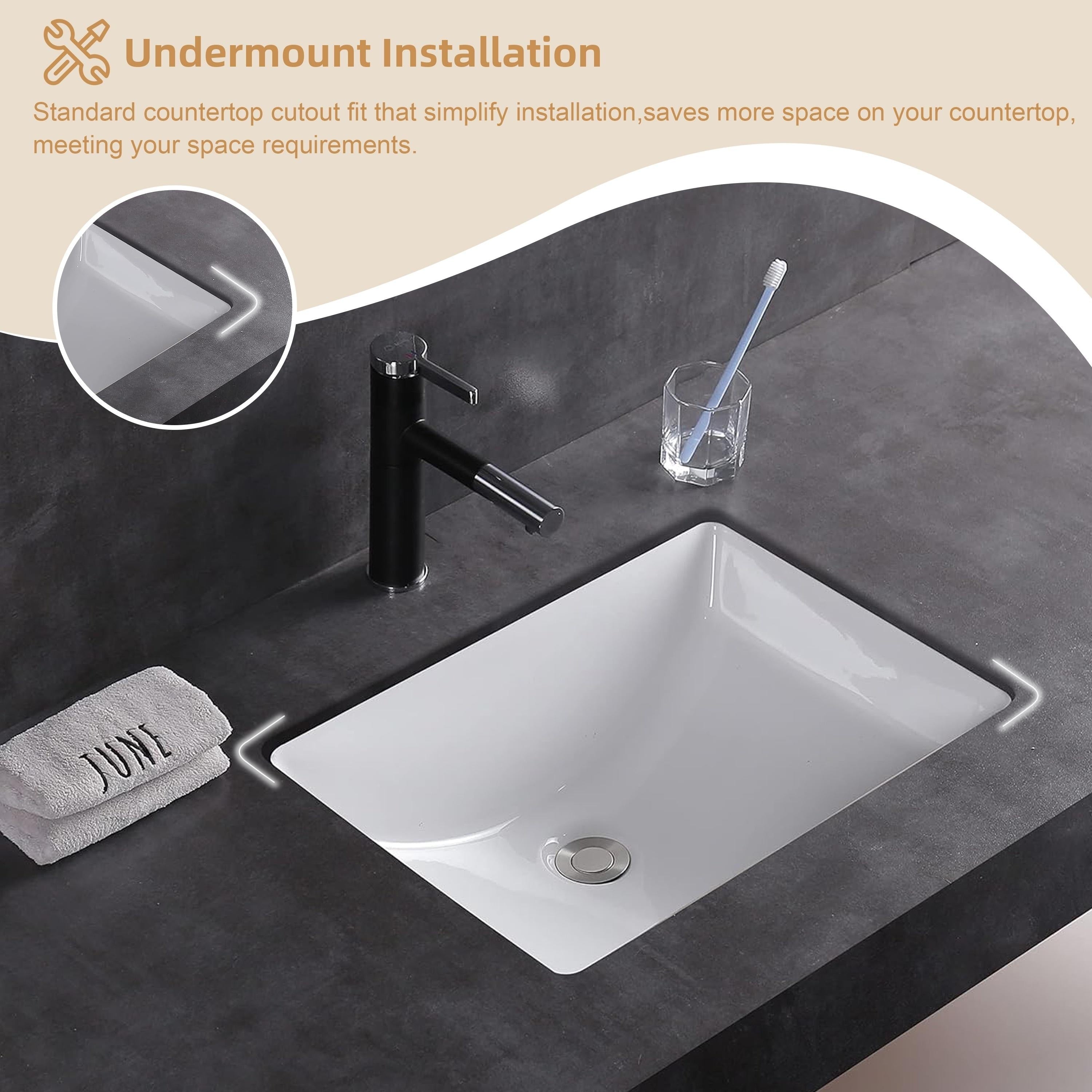 Lavabo de salle de bain sous plan CB HOME 20'' x 14'', lavabo de salle de bain rectangulaire en céramique blanche (20-5/8'' x 14-1/2'' x 8-1/4'')