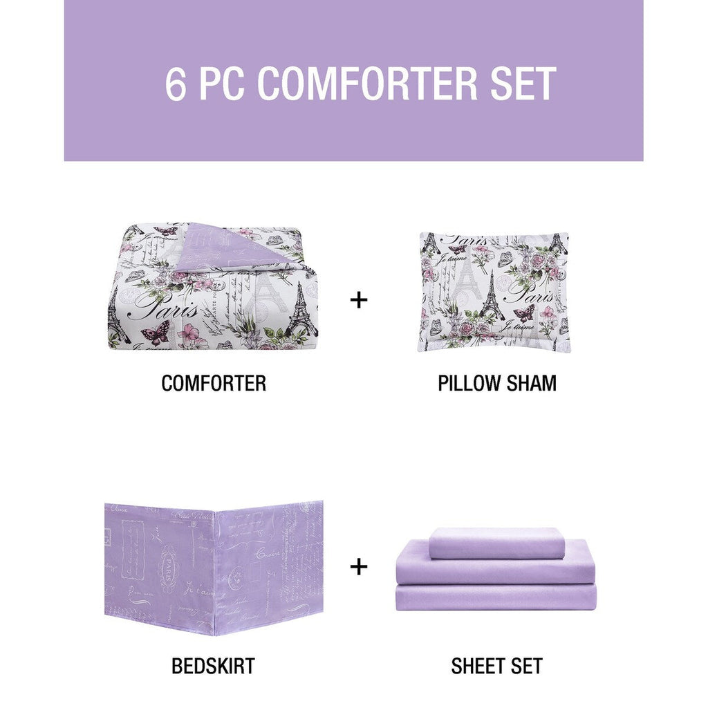 Parure de lit réversible en microfibre douce CEDAR COURT Paris Floral Lilas