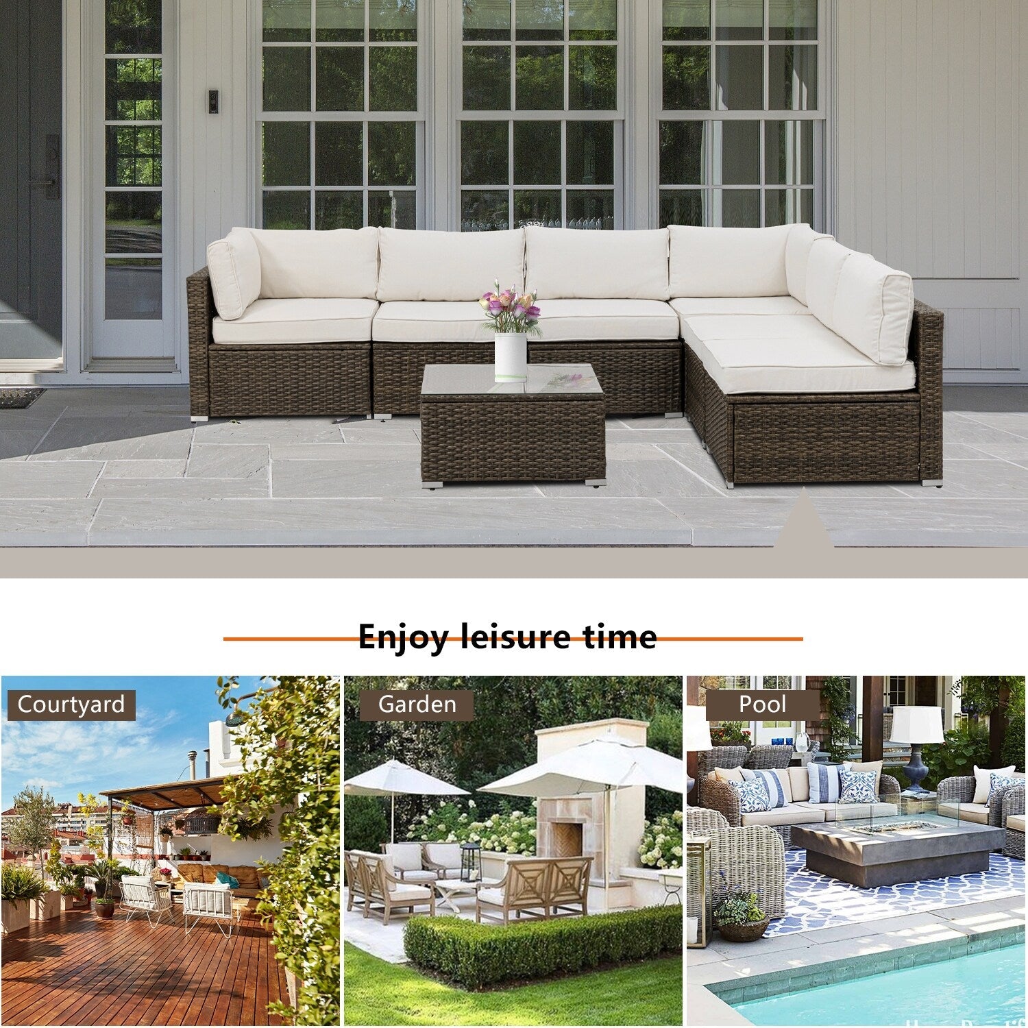 Canapé d'extérieur sectionnel en osier 7 pièces le plus confortable avec table basse