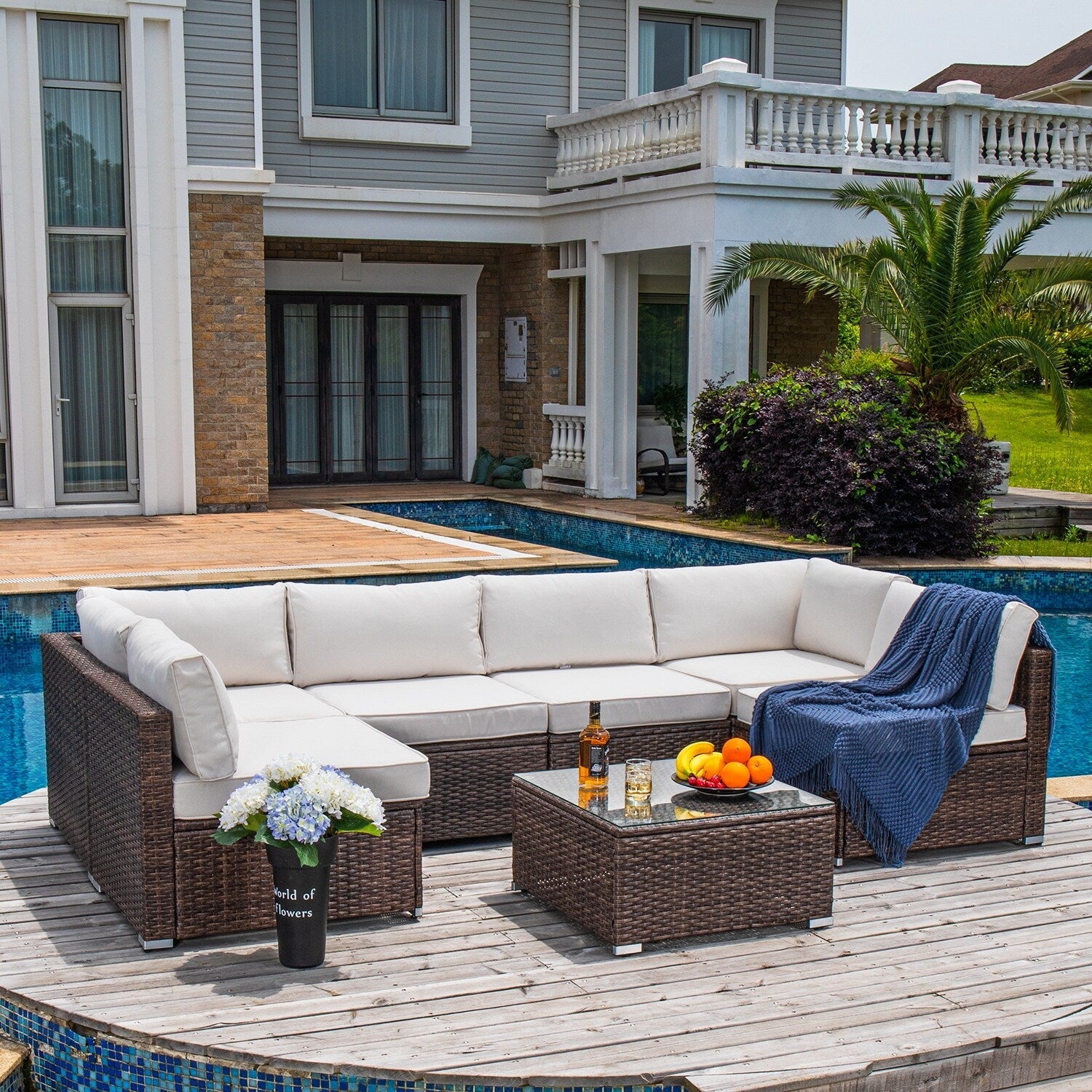 Canapé d'extérieur sectionnel en osier 7 pièces le plus confortable avec table basse