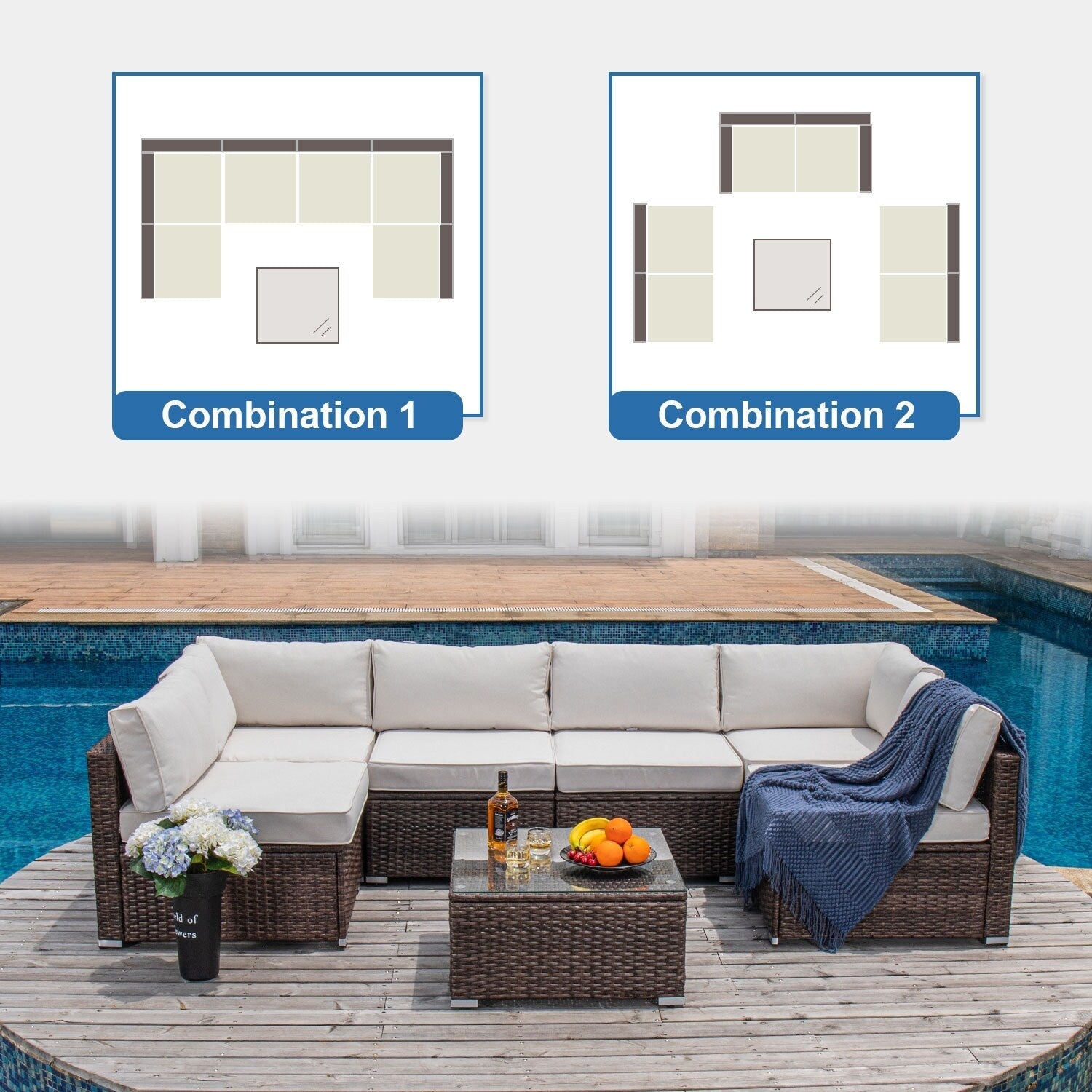 Canapé d'extérieur sectionnel en osier 7 pièces le plus confortable avec table basse