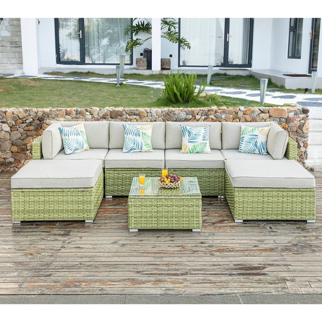 Canapé d'angle en osier 7 pièces pour patio extérieur COSIEST avec table basse