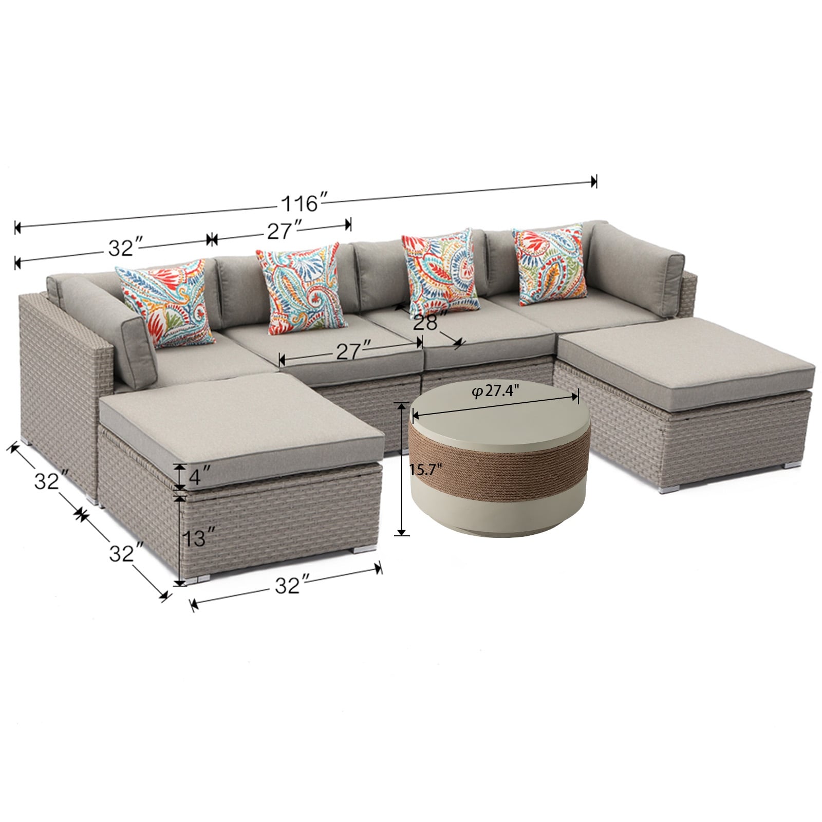 Canapé d'angle en osier 7 pièces pour patio extérieur COSIEST avec table basse