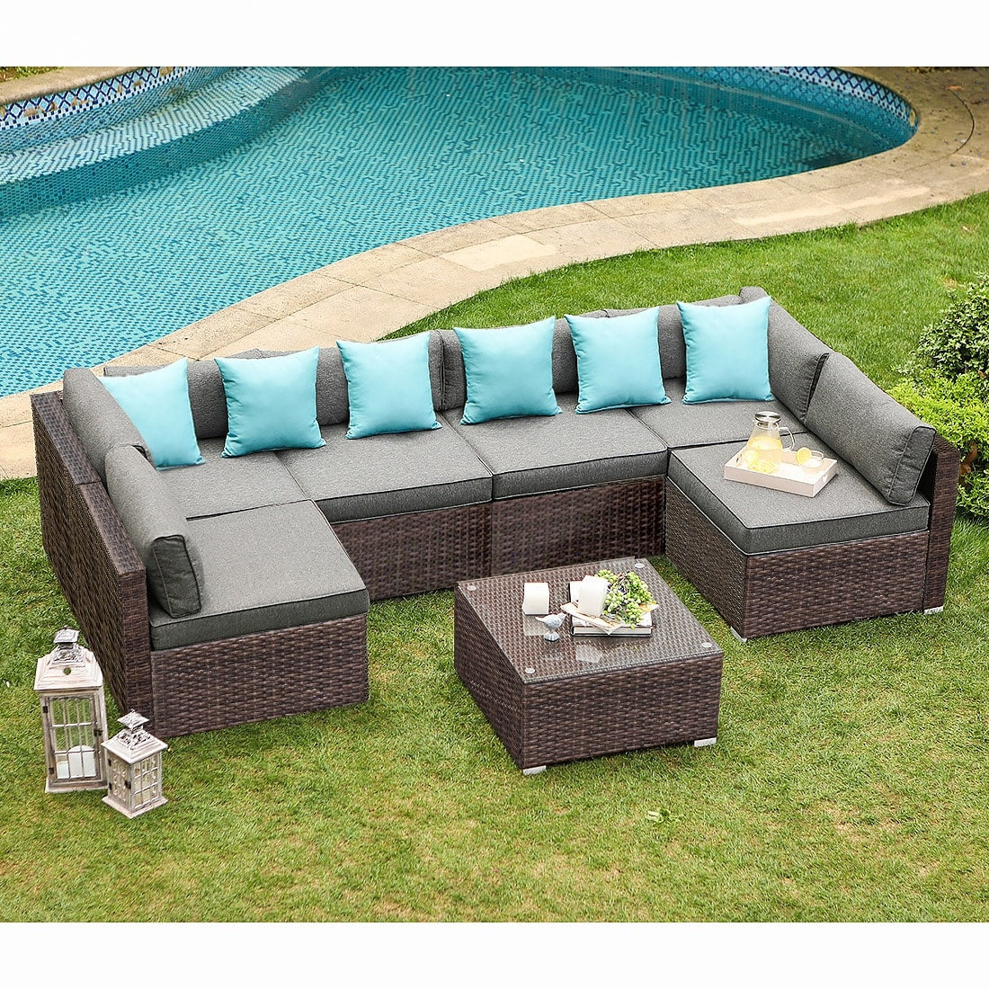 Ensemble de canapés sectionnels en osier pour meubles de patio extérieur COSIEST 7 pièces