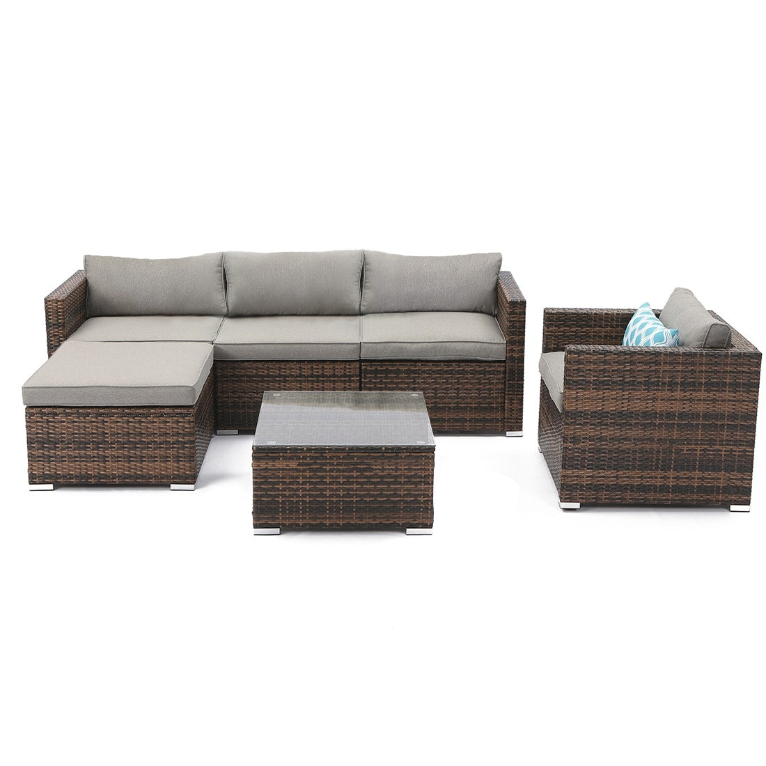 Canapé d'extérieur sectionnel en osier 6 pièces COSIEST, fauteuil avec pouf