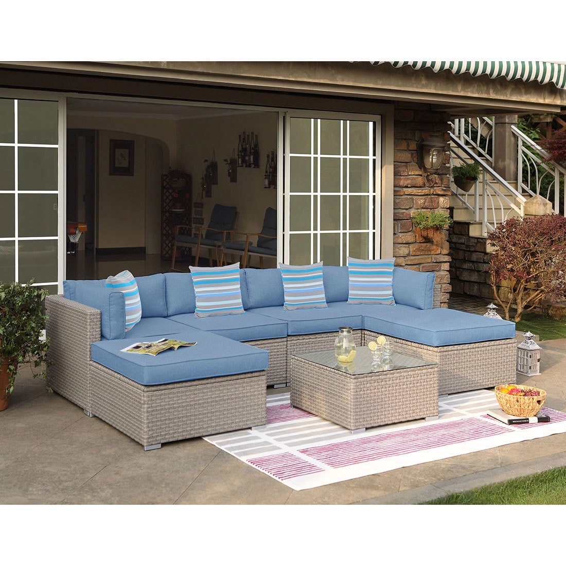 Canapé d'angle en osier 7 pièces pour patio extérieur COSIEST avec table basse