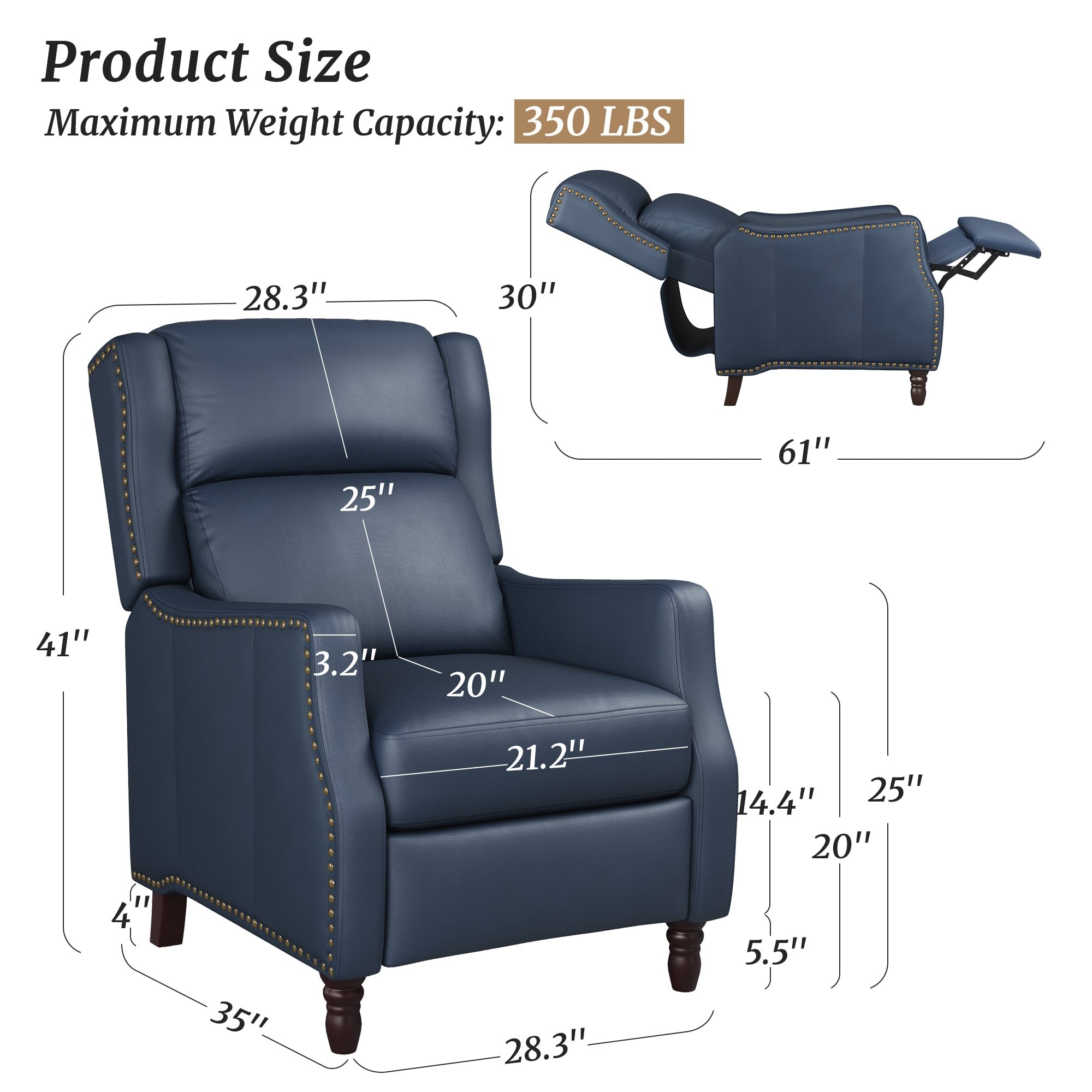 Fauteuil inclinable moderne en cuir véritable COZYMAN, réglable et inclinable avec accoudoirs confortables