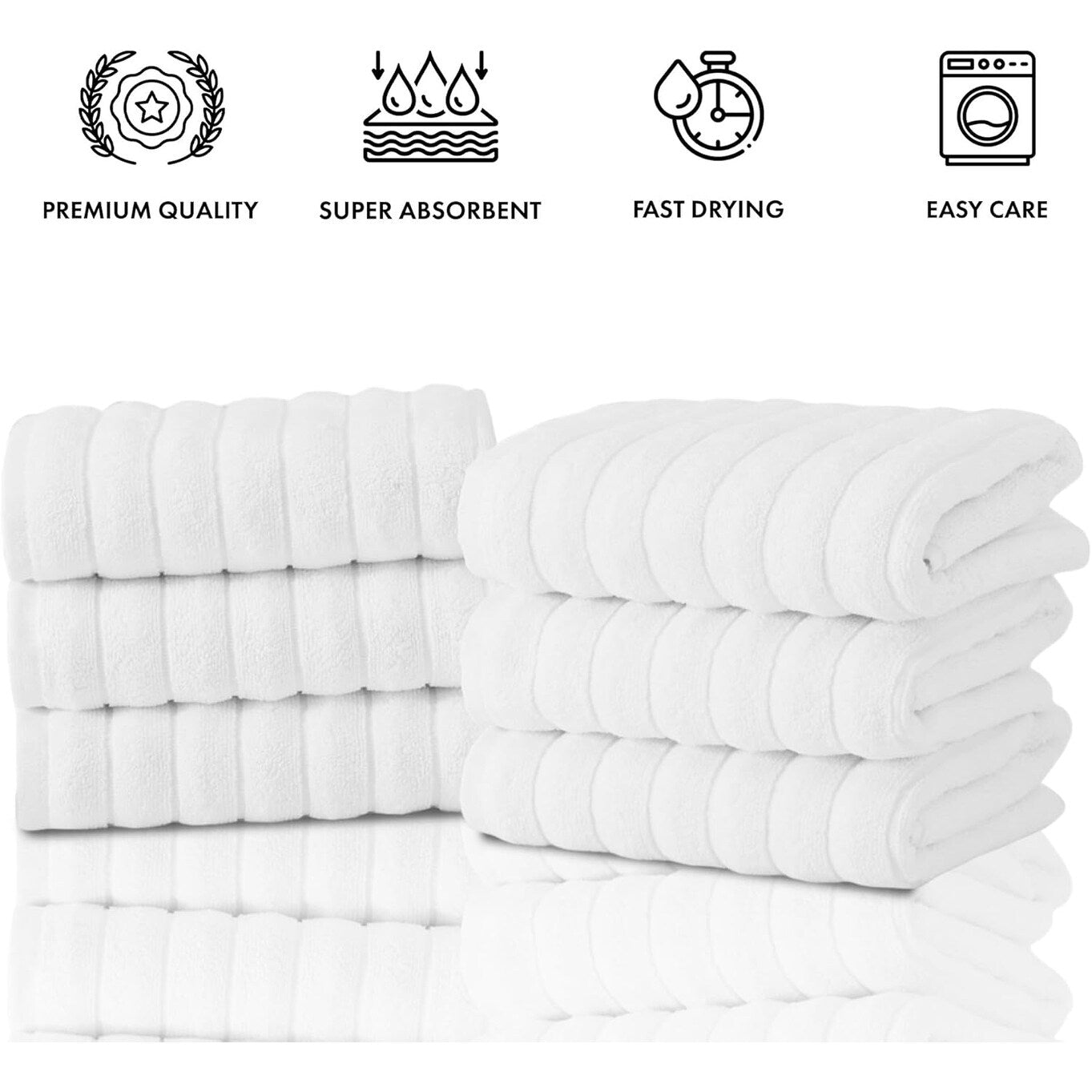 Lot de 6 serviettes de toilette CTT Classic blanches côtelées 100 % coton turc, à séchage rapide et absorbantes - 33 L x 20 l