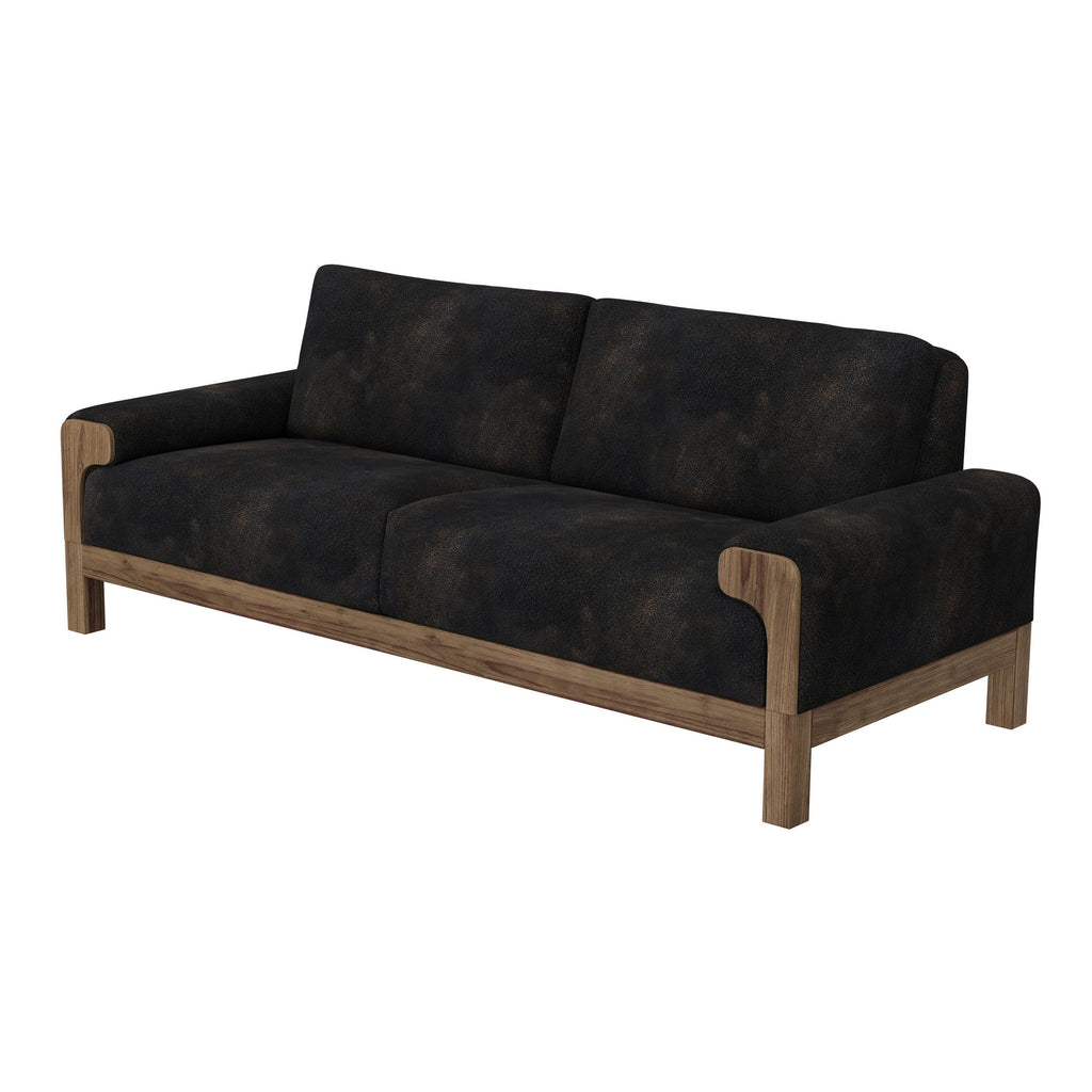 Canapé Caisy, similicuir noir, cadre en bois massif caramel, 93 pouces
