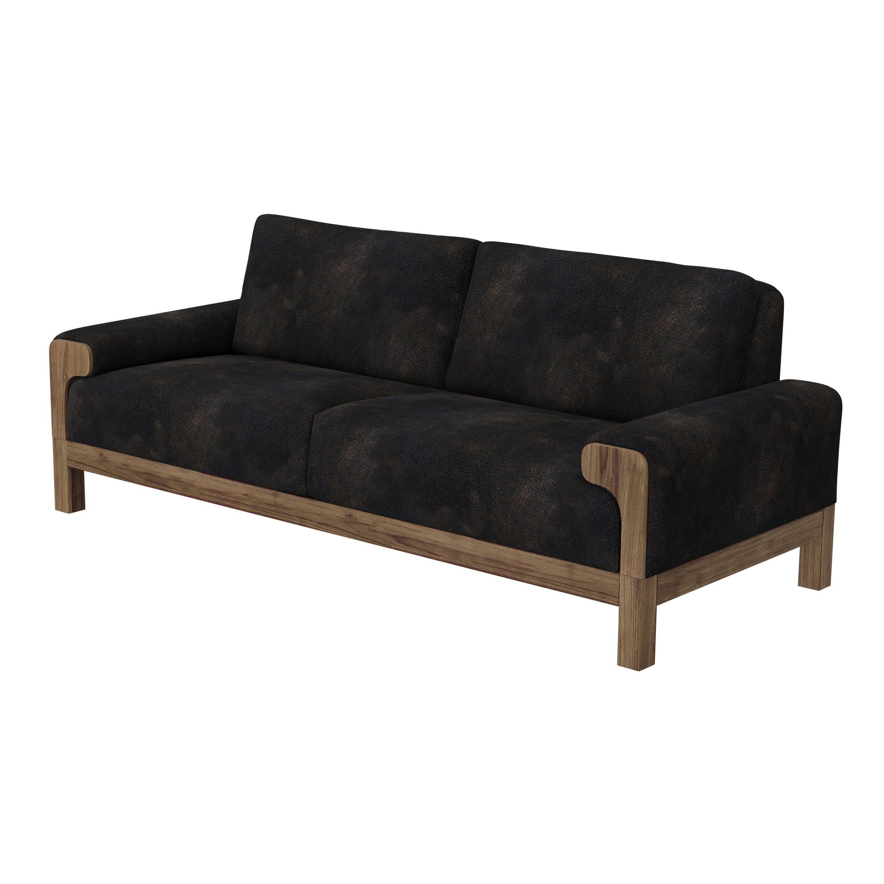 Canapé Caisy, similicuir noir, cadre en bois massif caramel, 93 pouces