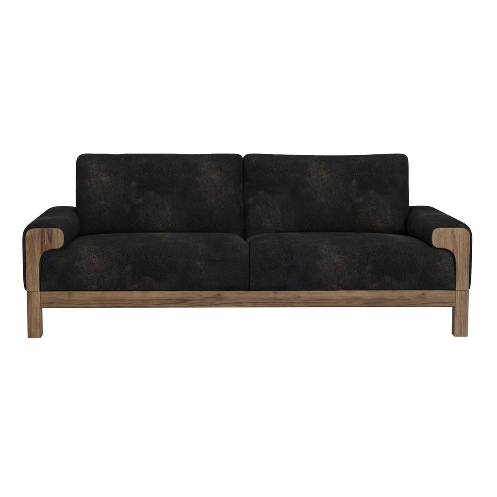 Canapé Caisy, similicuir noir, cadre en bois massif caramel, 93 pouces