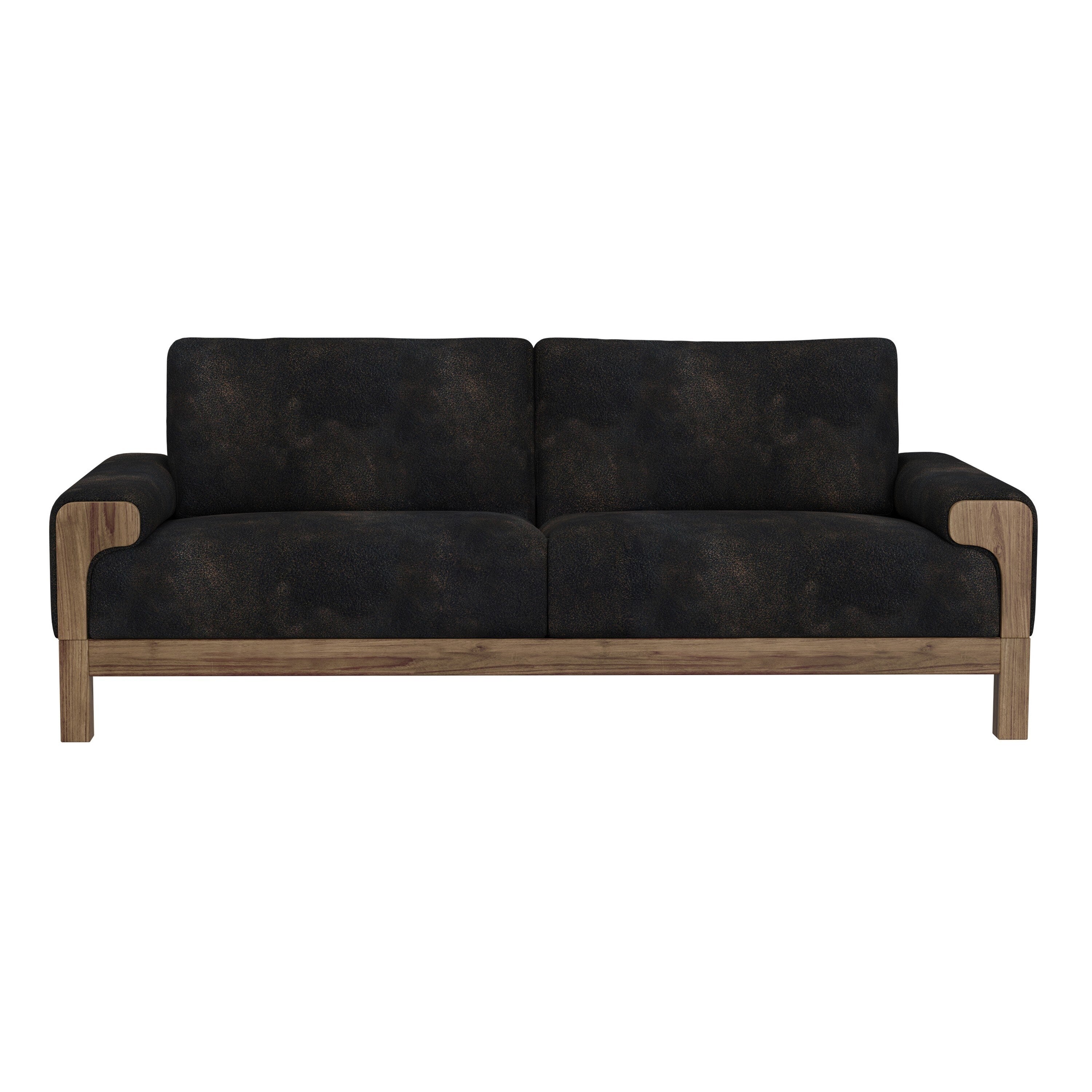 Canapé Caisy, similicuir noir, cadre en bois massif caramel, 93 pouces