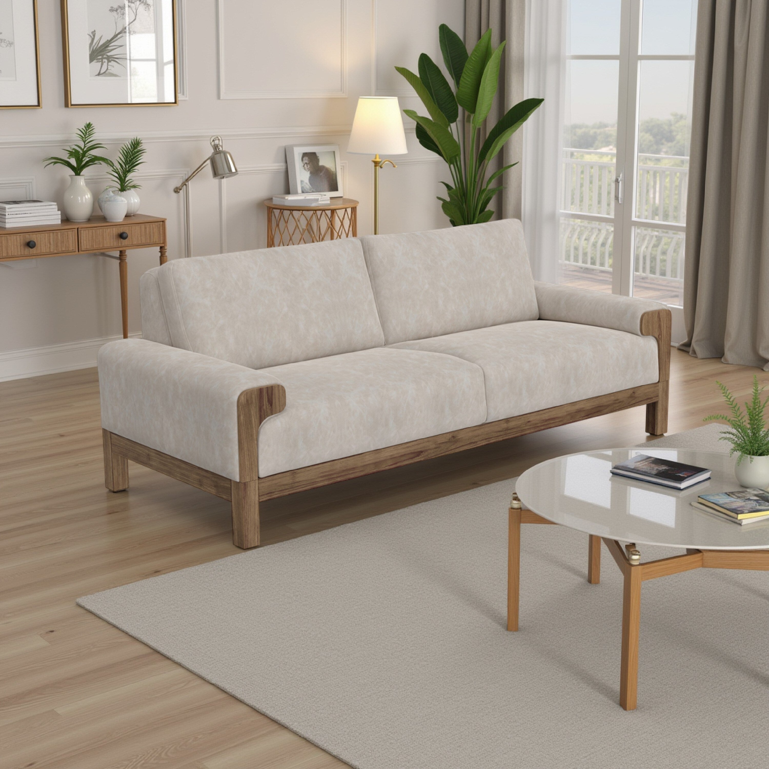 Canapé Caisy, tissu gris, coussins en mousse, bois massif caramel, 236 cm