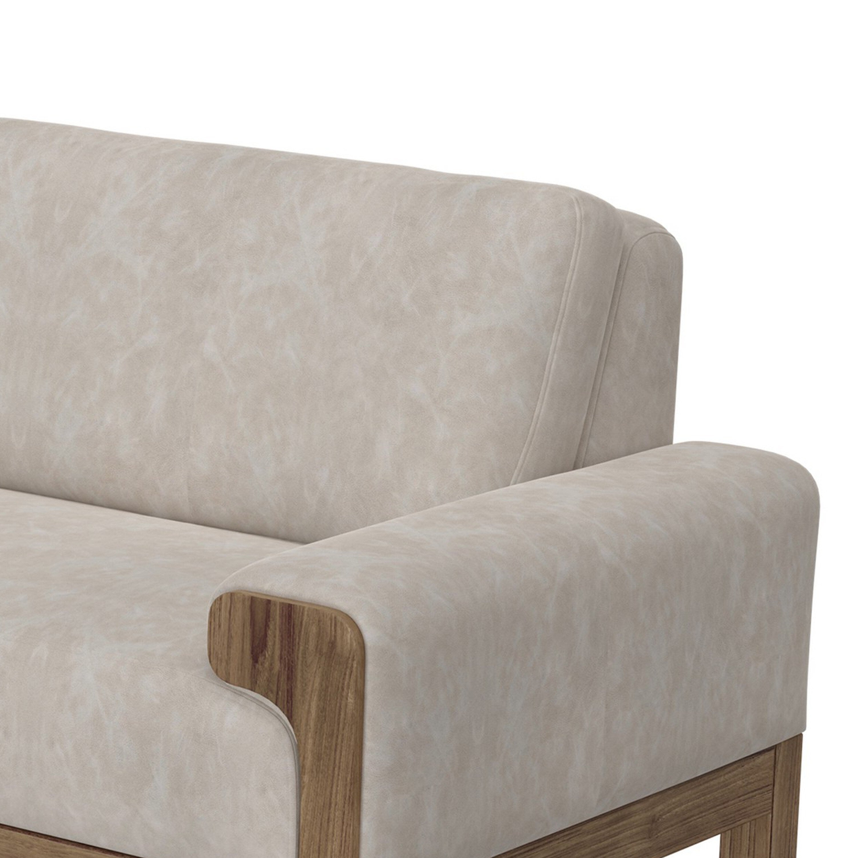 Canapé Caisy, tissu gris, coussins en mousse, bois massif caramel, 236 cm