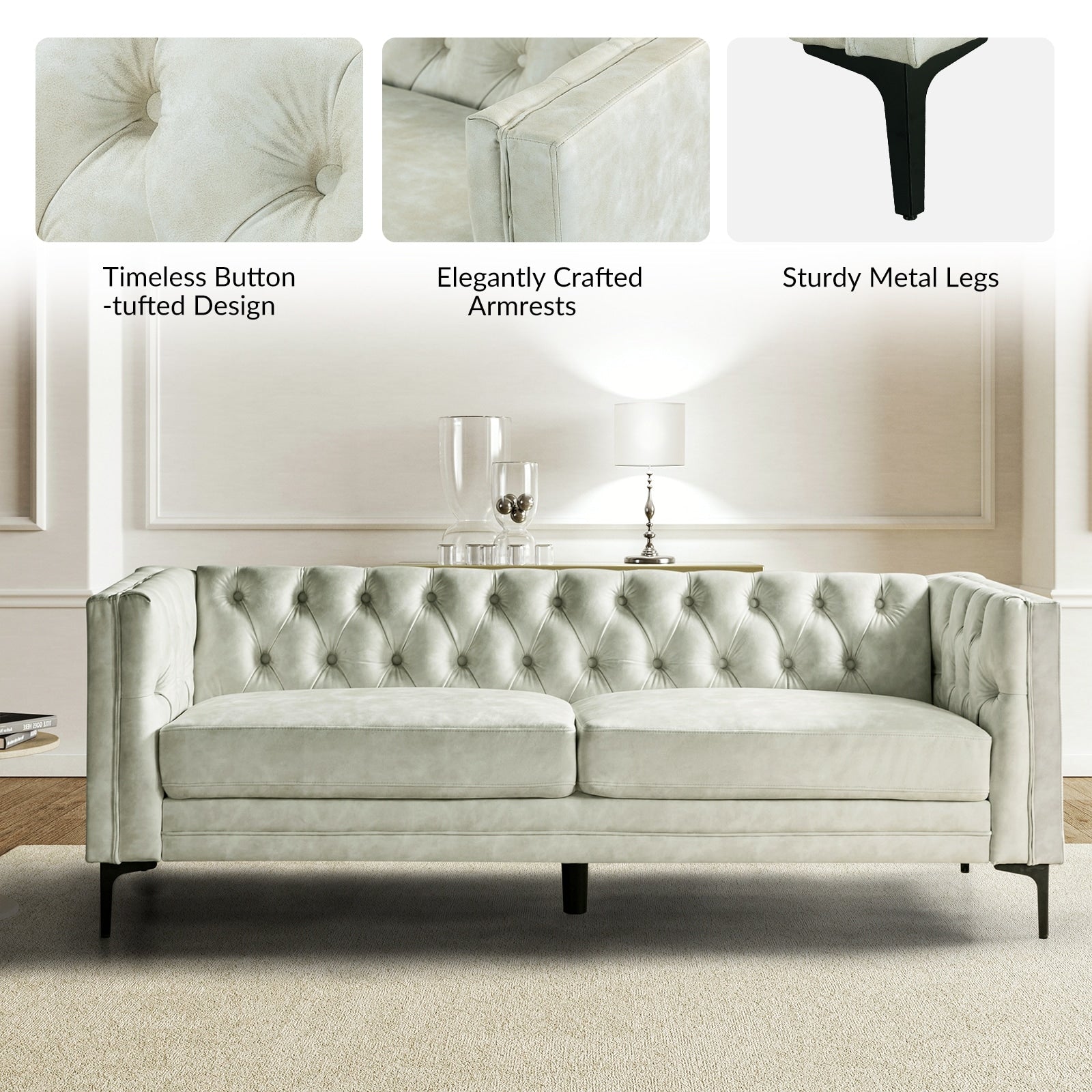 Canapé classique Calymne 84 à accoudoirs carrés et dossier capitonné par HULALA HOME