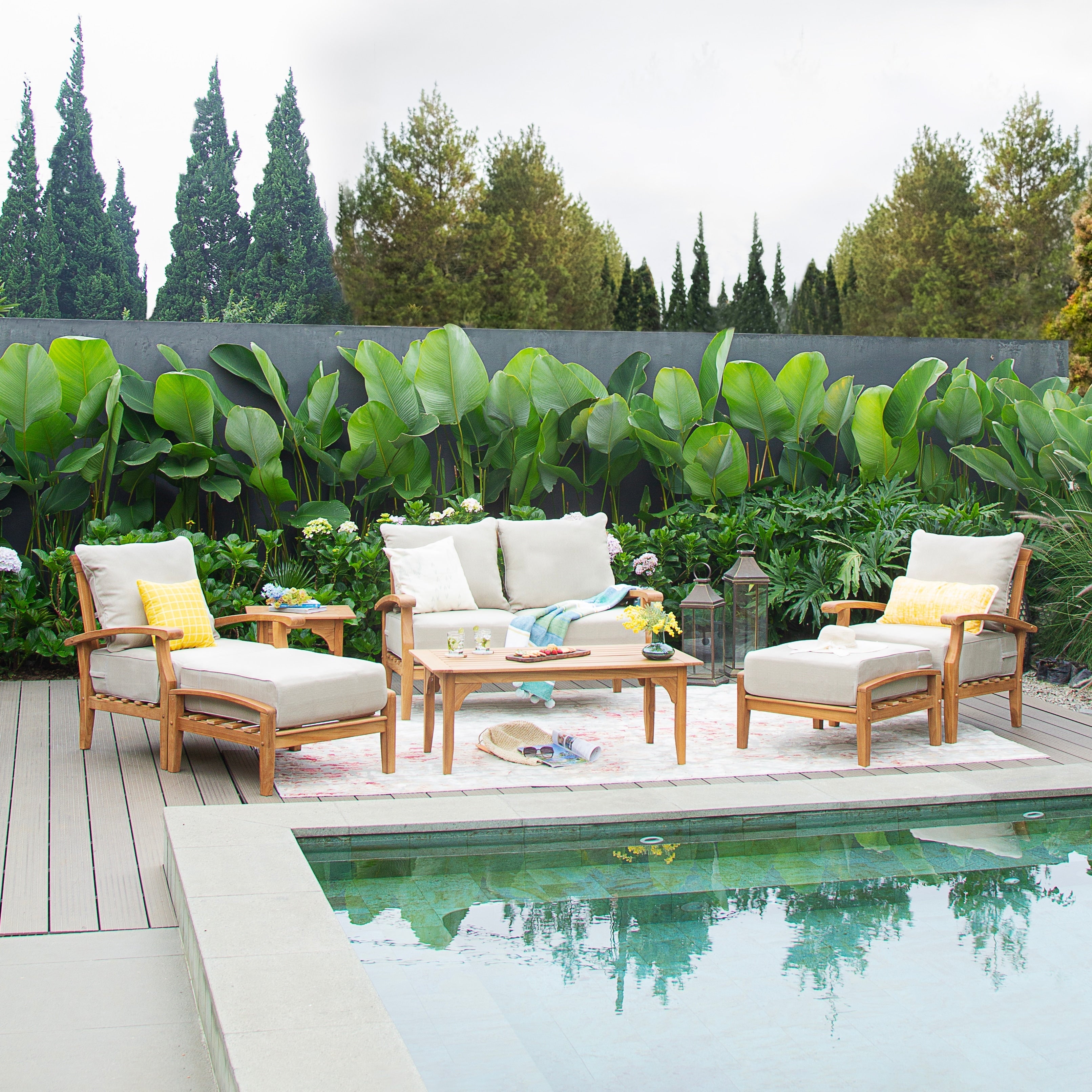 Ensemble de conversation de patio en teck Cambridge Casual Leon 7 pièces