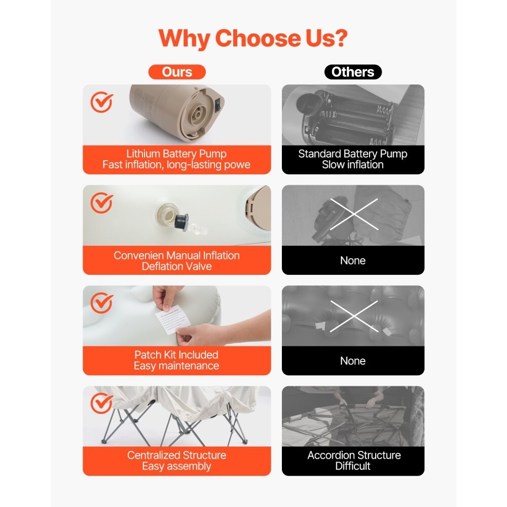 Matelas gonflable de camping pliable avec cadre et pompe
