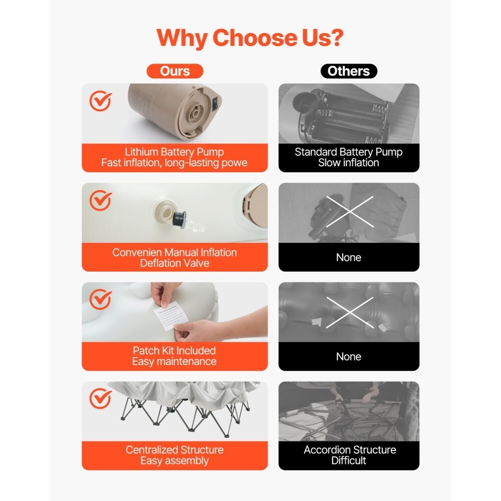 Matelas gonflable de camping pliable avec cadre et pompe