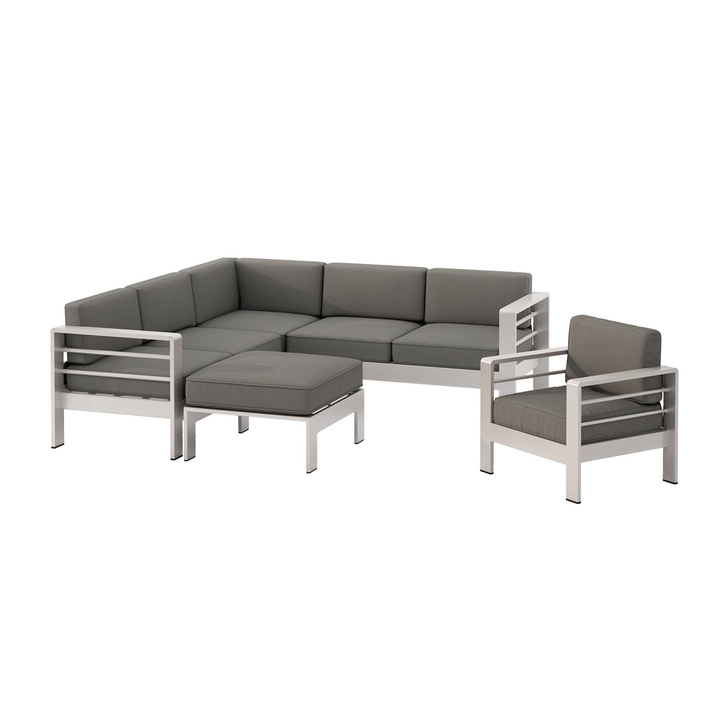 Ensemble de canapés d'extérieur 6 places en aluminium en forme de V avec pouf Cape Coral par Christopher Knight Home