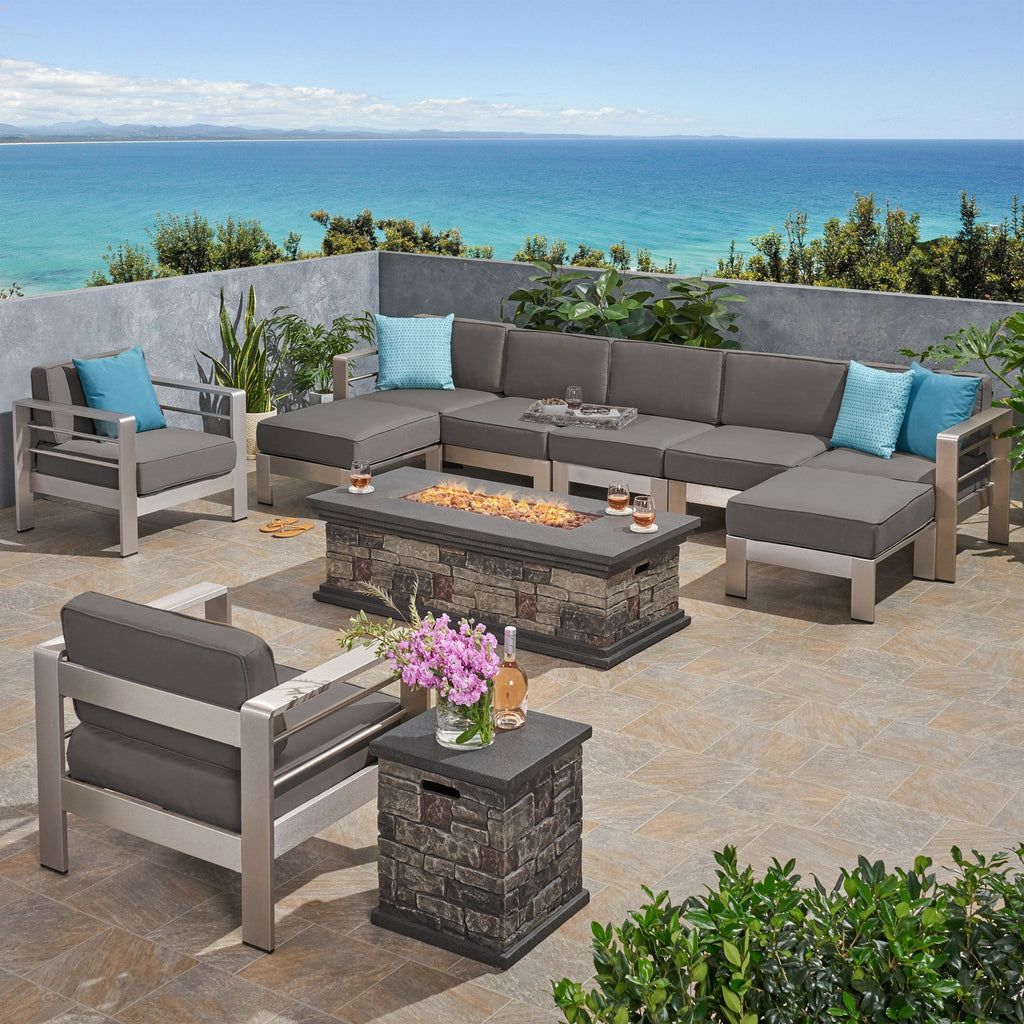 Salon de jardin extensible en aluminium Cape Coral 7 places avec foyer par Christopher Knight Home