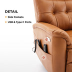 Fauteuil inclinable électrique en cuir caramel avec massage 8 points, chauffage lombaire, port USB, position à plat