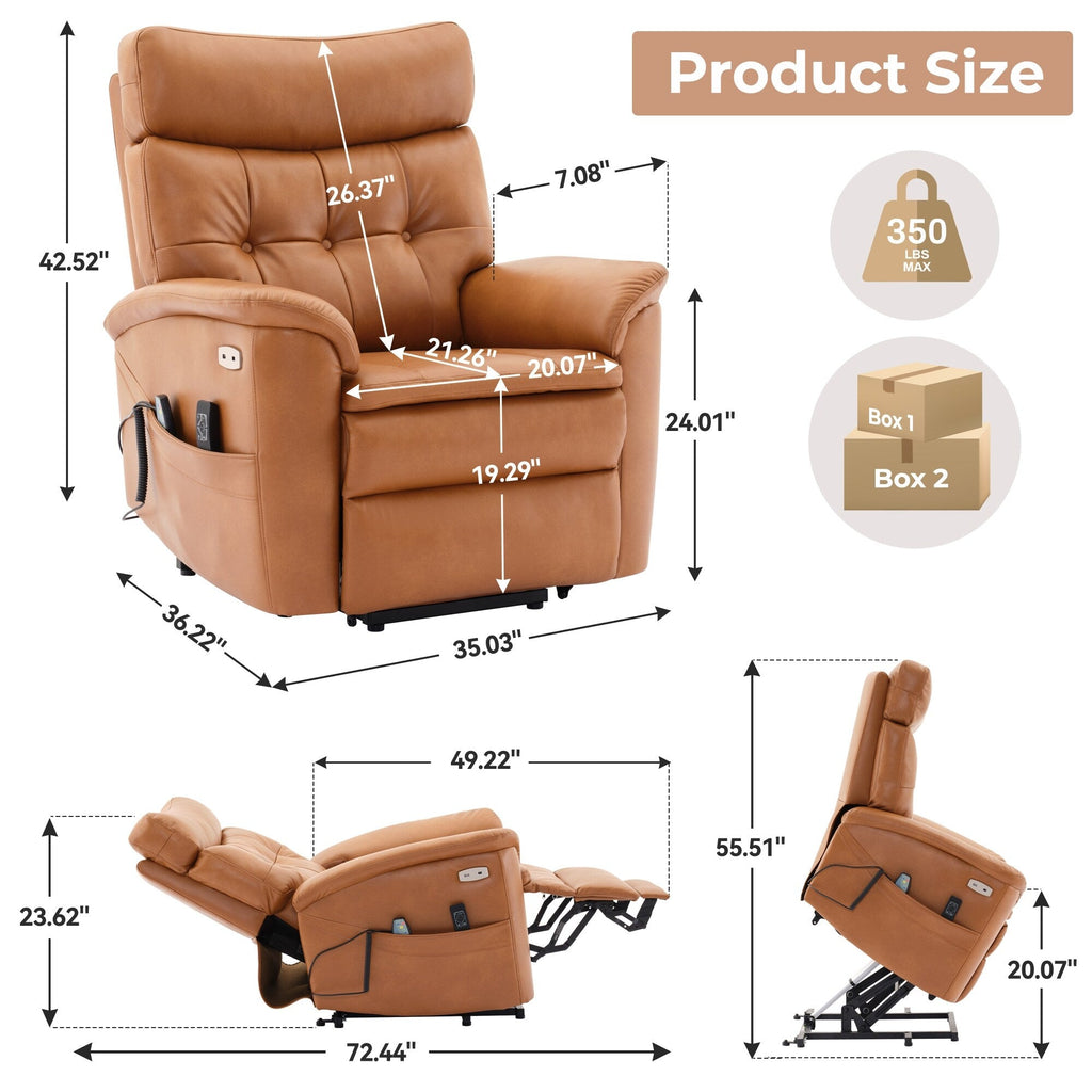 Fauteuil inclinable électrique en cuir caramel avec massage 8 points, chauffage lombaire, port USB, position à plat