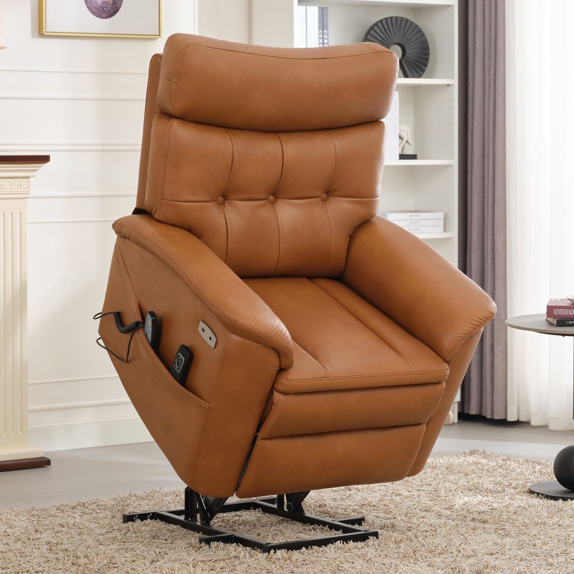 Fauteuil inclinable électrique en cuir caramel avec massage 8 points, chauffage lombaire, port USB, position à plat